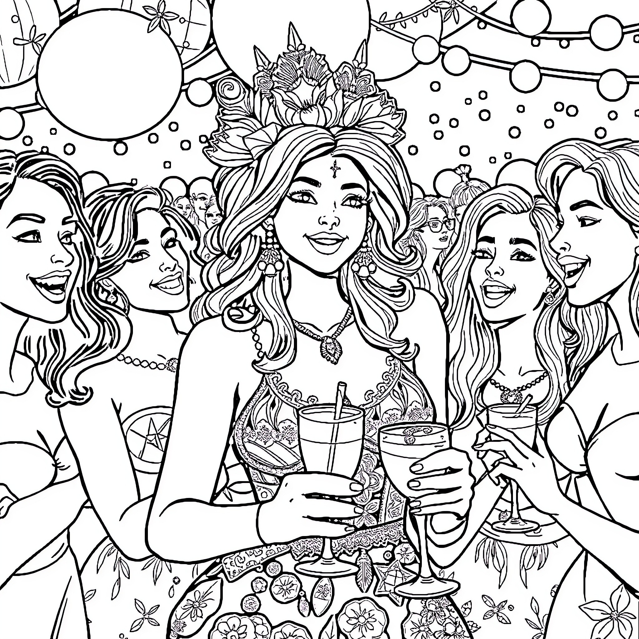 Wonder Woman Celebrating with Friends in a Festive Scene Coloring Page (free black-and-white line drawing printable PDF for all, from beginners to advanced learners, including children, teens, adults, and seniors)