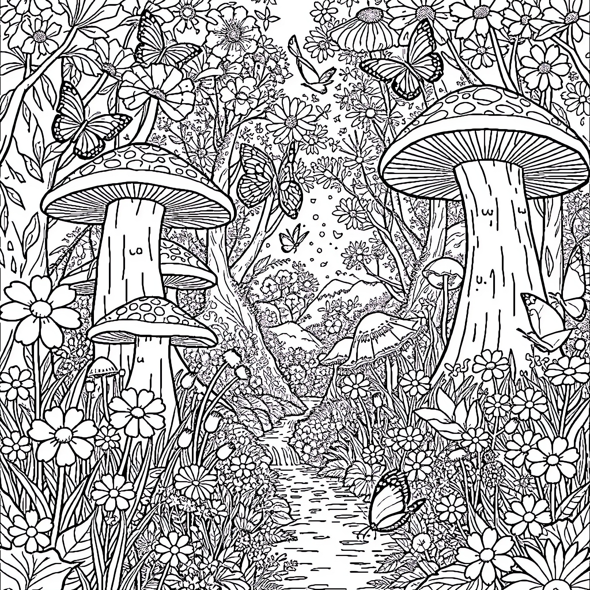 Mushroom Forest Wonderland with Whimsical Flowers and Butterflies Coloring Page (free black-and-white line drawing printable PDF for all, from beginners to advanced learners, including children, teens, adults, and seniors)