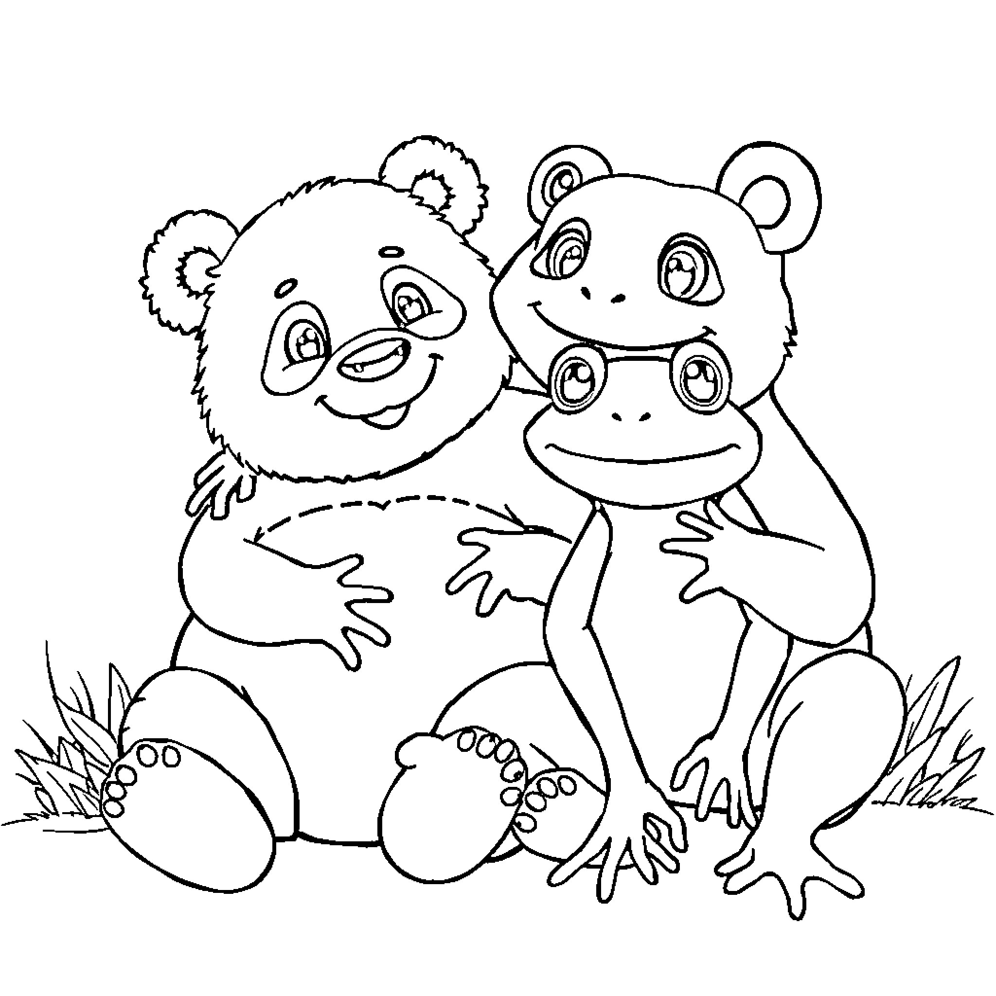 Panda and frog friends relaxing together Coloring Page (free black-and-white line drawing printable PDF for all, from beginners to advanced learners, including children, teens, adults, and seniors)