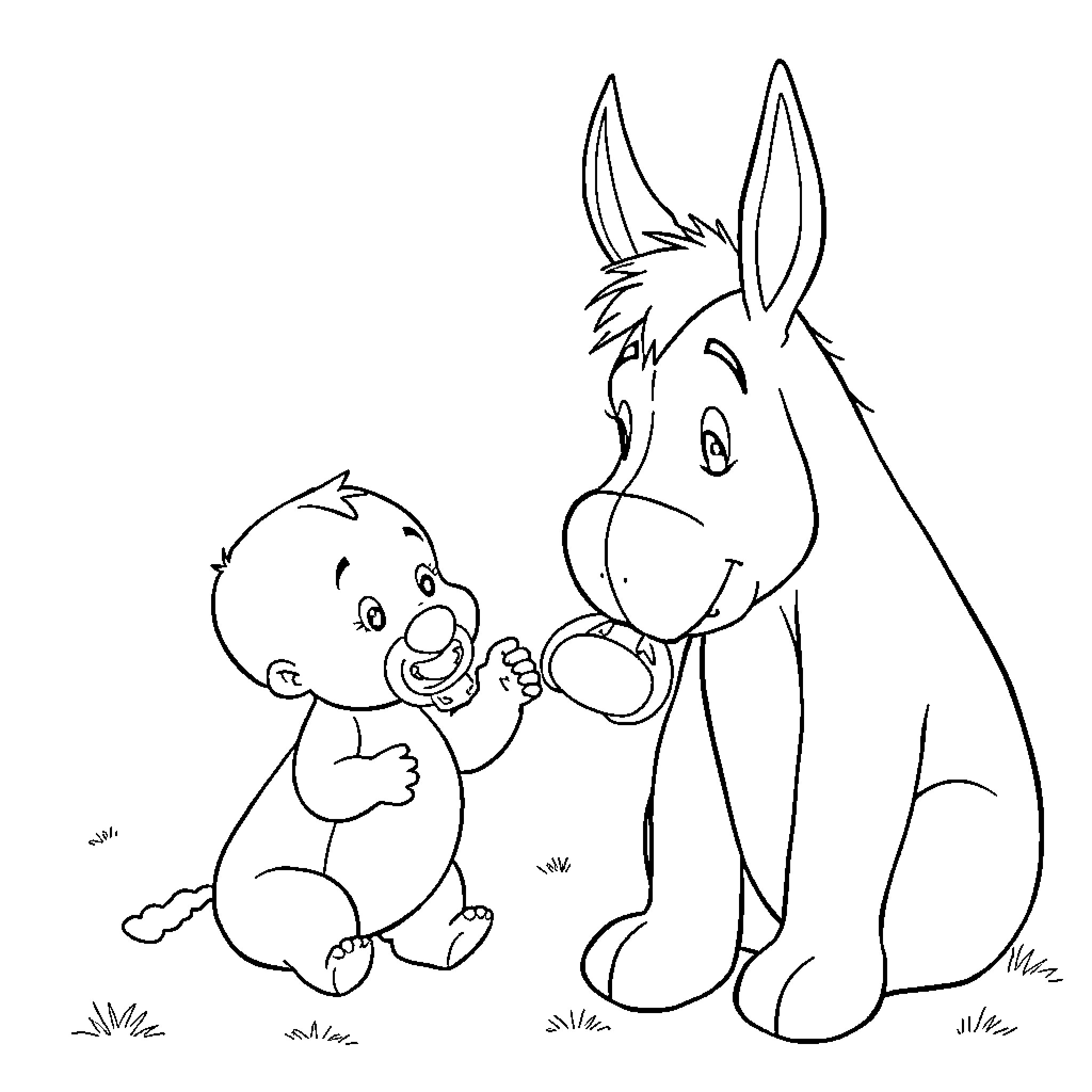 Eeyore and baby playing together happily Coloring Page (free black-and-white line drawing printable PDF for all, from beginners to advanced learners, including children, teens, adults, and seniors)