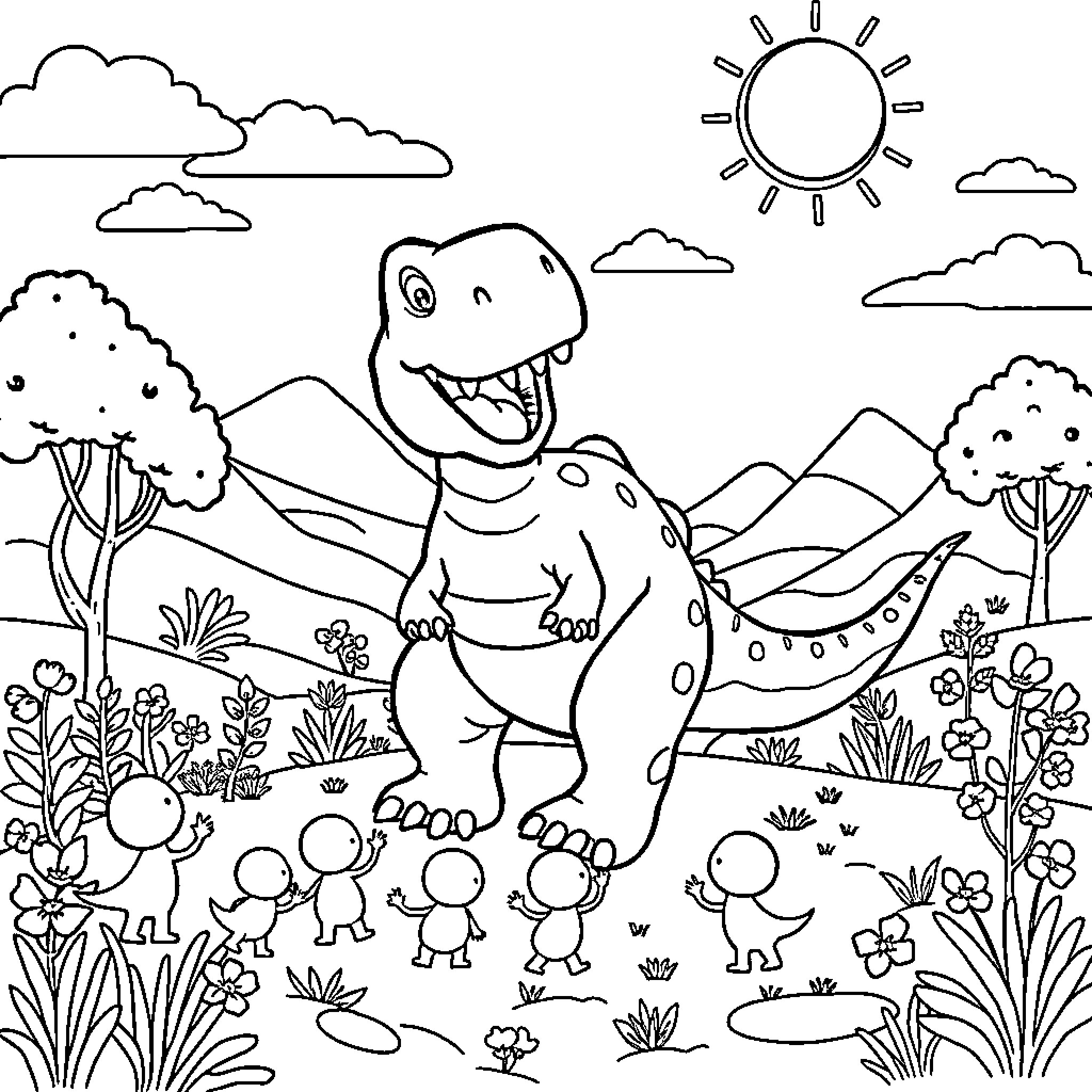 Dinosaur happily surrounded by cheerful children in a scenic landscape Coloring Page (free black-and-white line drawing printable PDF for all, from beginners to advanced learners, including children, teens, adults, and seniors)