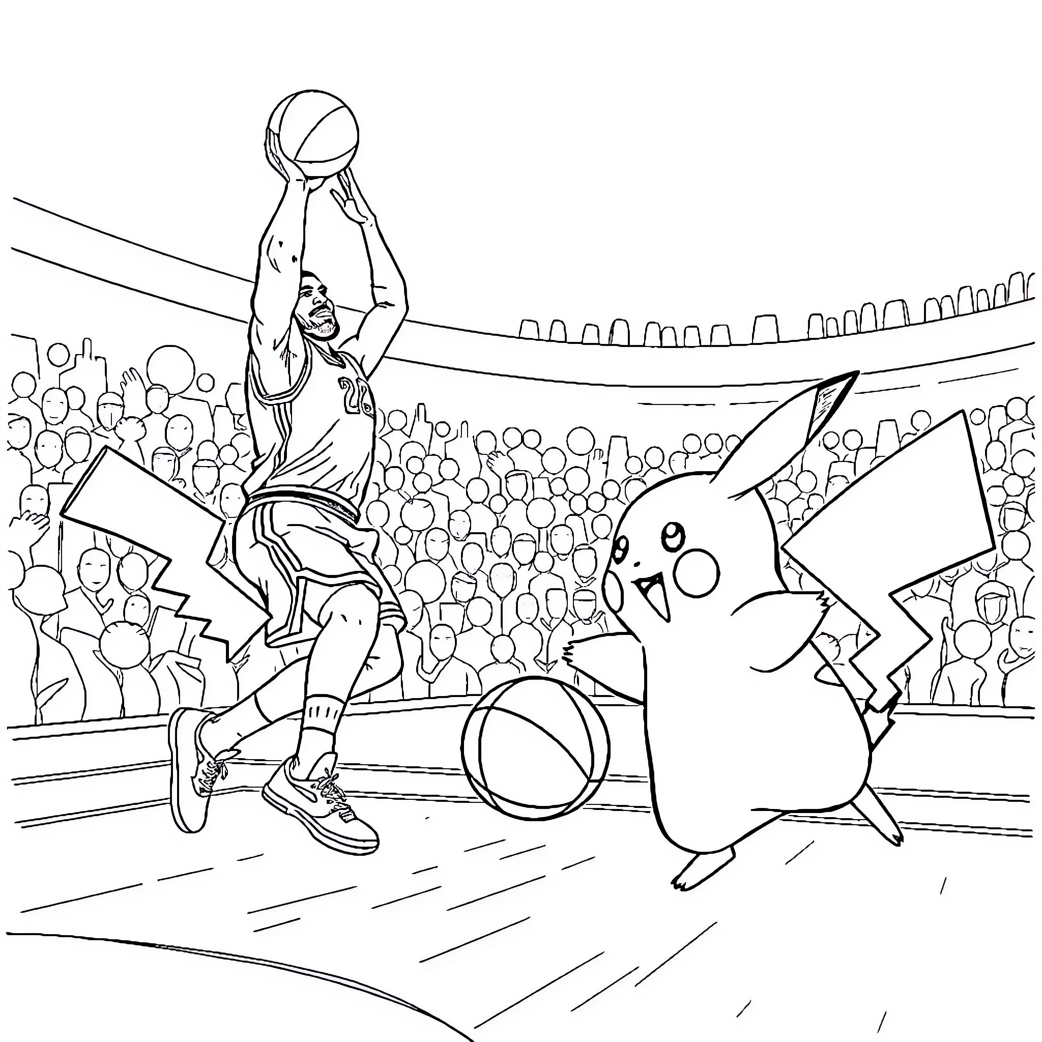 Pikachu Cheers on Basketball Player in Stadium Coloring Page (free black-and-white line drawing printable PDF for all, from beginners to advanced learners, including children, teens, adults, and seniors)