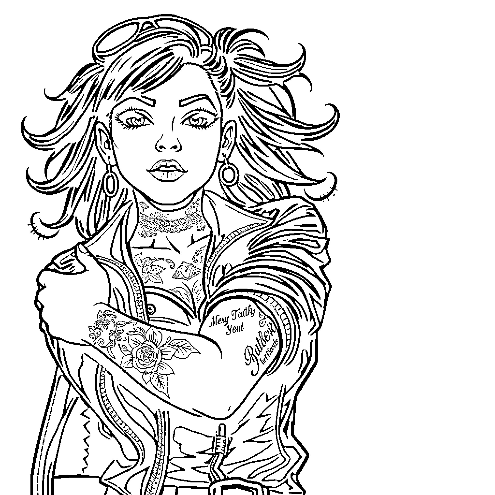 Biker Girl with Tattoos and Edgy Outfit Coloring Page (free black-and-white line drawing printable PDF for all, from beginners to advanced learners, including children, teens, adults, and seniors)