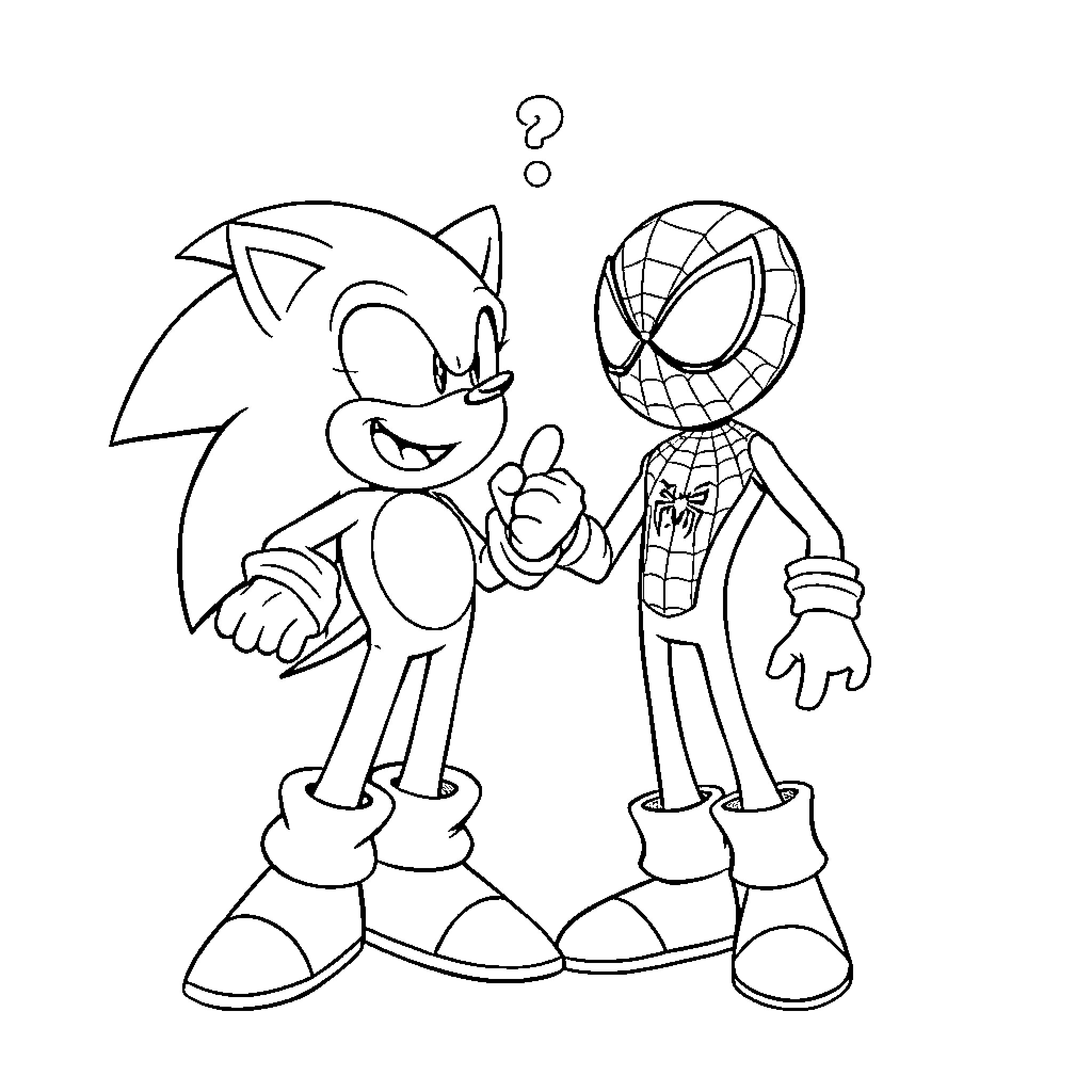 Sonic and Spider-Man Encounter Curious Interaction Coloring Page (free black-and-white line drawing printable PDF for all, from beginners to advanced learners, including children, teens, adults, and seniors)