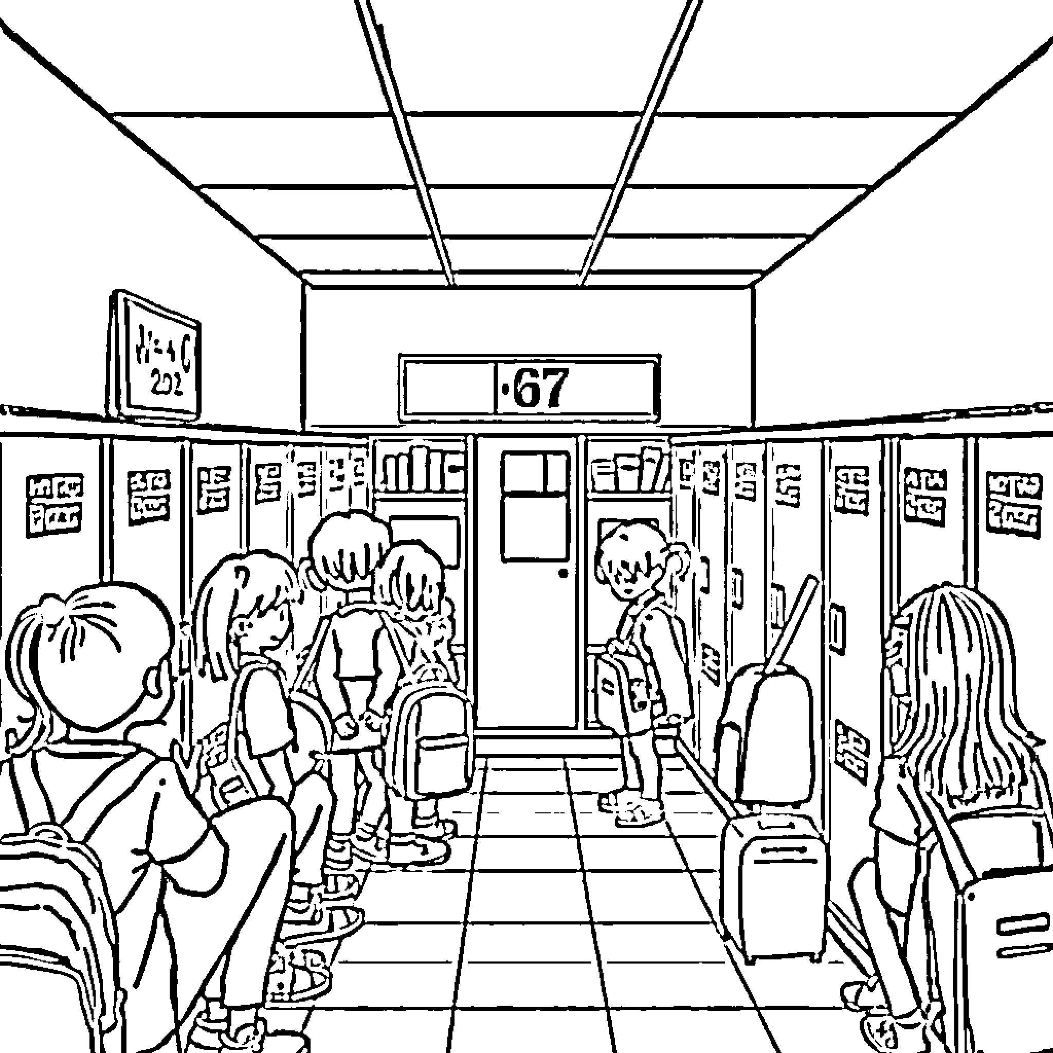 Drawing of students and luggage in a school hallway Coloring Page (free black-and-white line drawing printable PDF for all, from beginners to advanced learners, including children, teens, adults, and seniors)