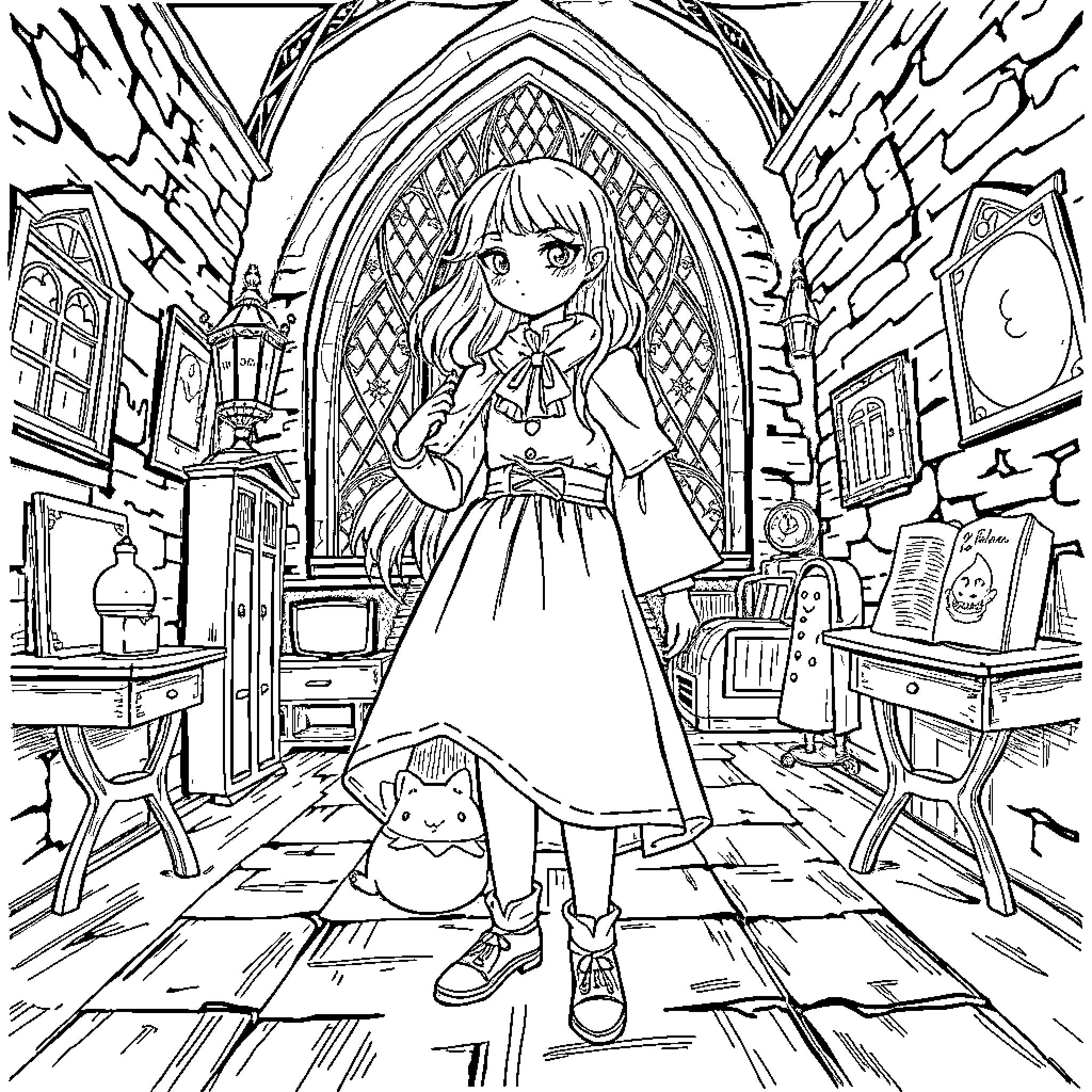 Merlina's Cozy Castle Library Moment Coloring Page (free black-and-white line drawing printable PDF for all, from beginners to advanced learners, including children, teens, adults, and seniors)