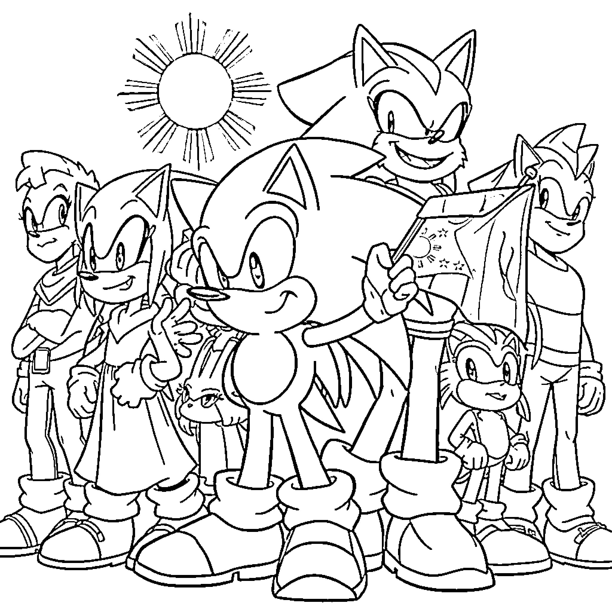 Sonic and friends in a cheerful adventure Coloring Page (free black-and-white line drawing printable PDF for all, from beginners to advanced learners, including children, teens, adults, and seniors)