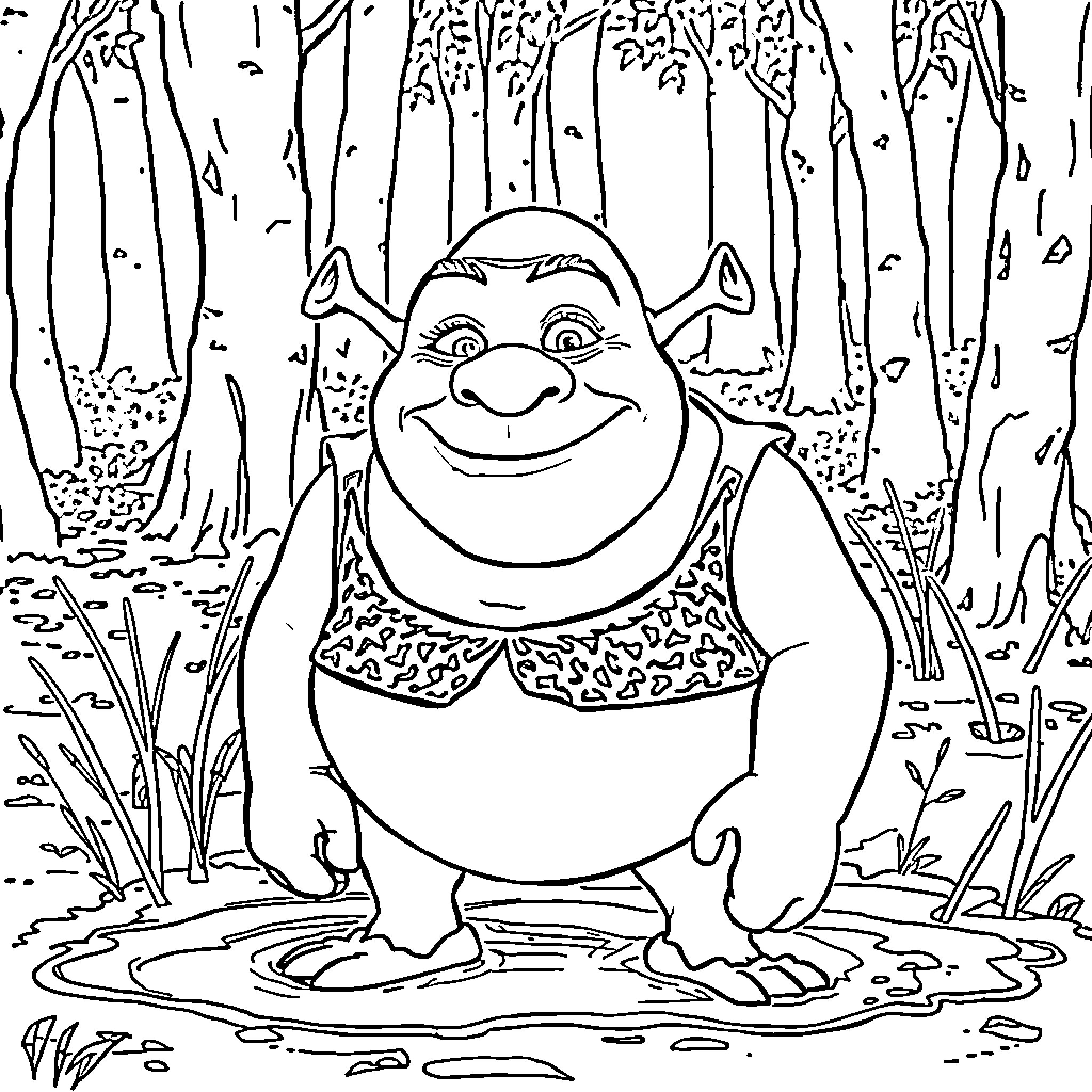 Shrek happily relaxing in the forest Coloring Page (free black-and-white line drawing printable PDF for all, from beginners to advanced learners, including children, teens, adults, and seniors)