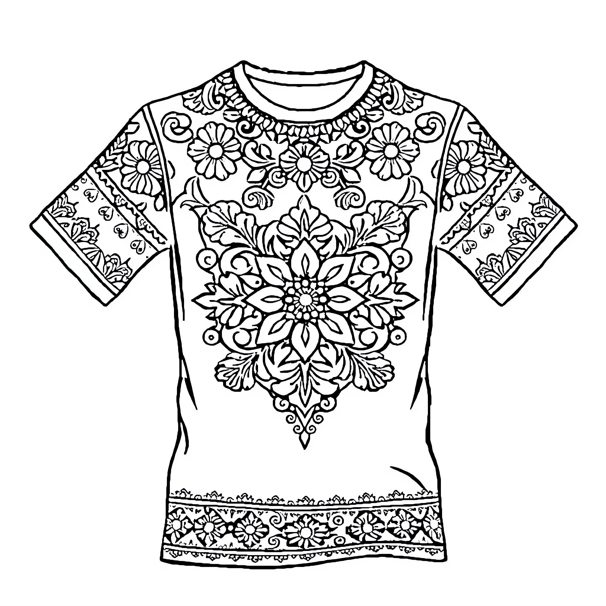 Ornament of Intricate Floral Designs on T-Shirt Coloring Page (free black-and-white line drawing printable PDF for all, from beginners to advanced learners, including children, teens, adults, and seniors)