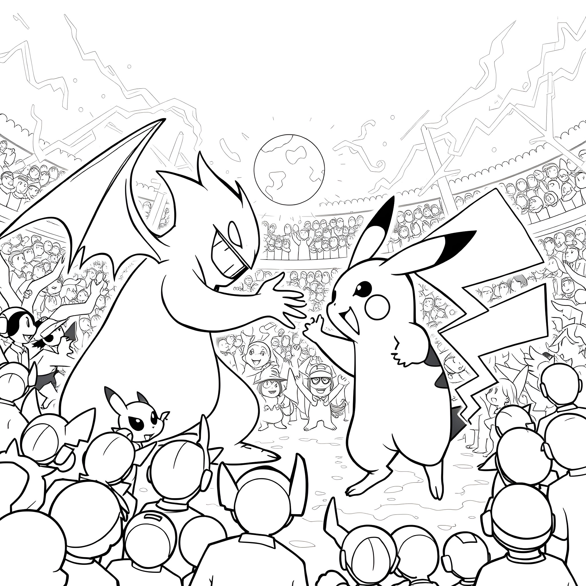 Gangar Pokemon characters in a crowded stadium Coloring Page (free black-and-white line drawing printable PDF for all, from beginners to advanced learners, including children, teens, adults, and seniors)