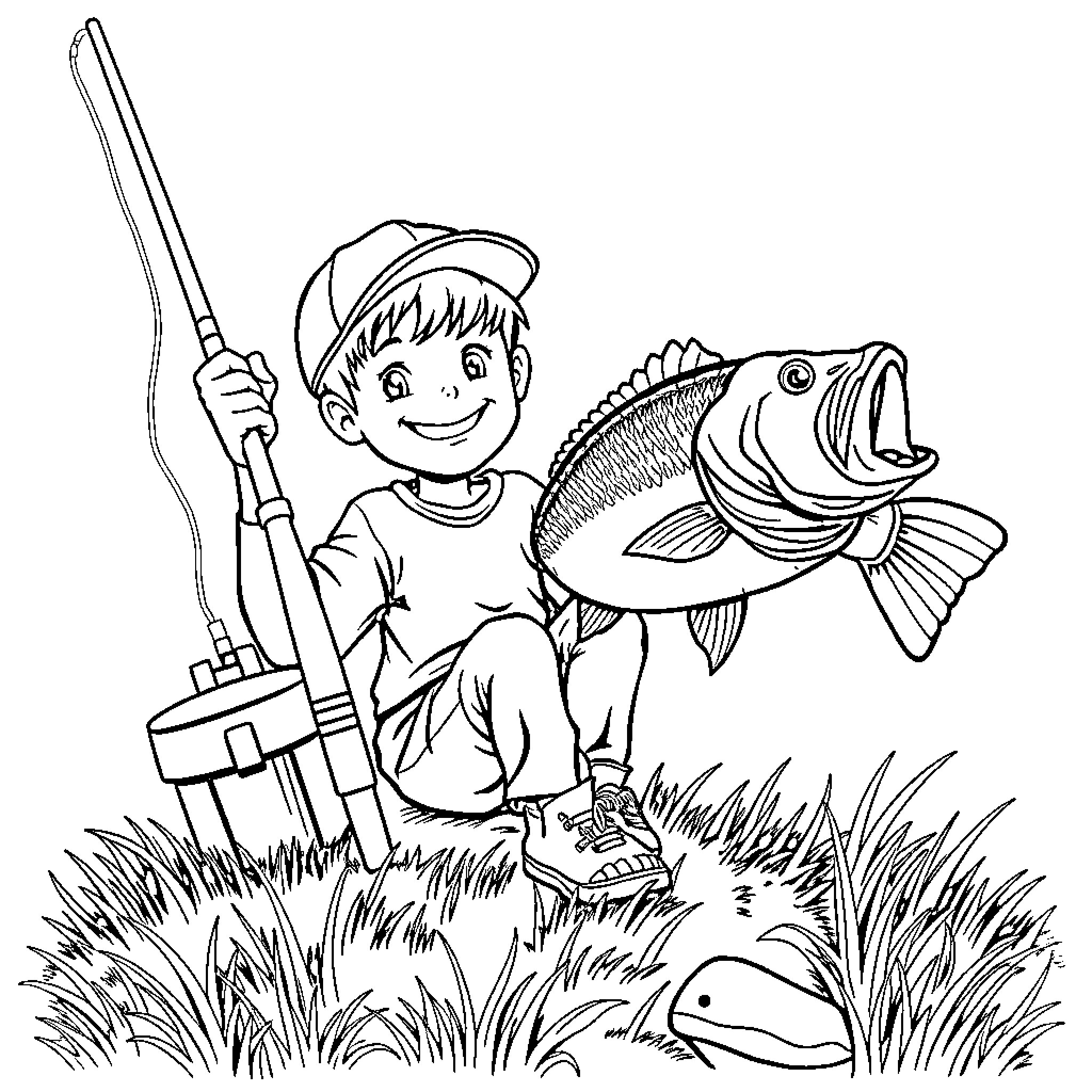 Kid fishing with big catch in nature Coloring Page (free black-and-white line drawing printable PDF for all, from beginners to advanced learners, including children, teens, adults, and seniors)