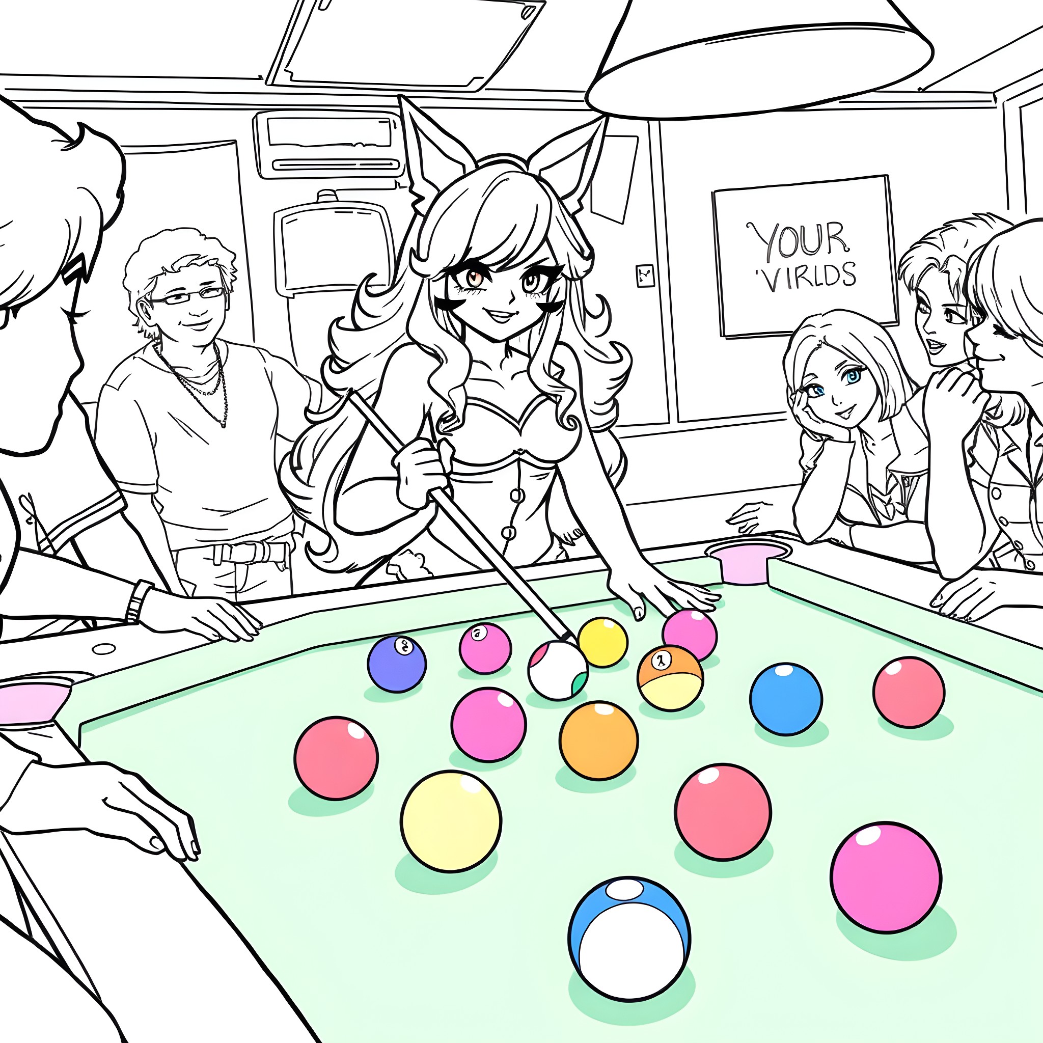 Aphmau's Colorful Game Time with Friends Coloring Page (free black-and-white line drawing printable PDF for all, from beginners to advanced learners, including children, teens, adults, and seniors)