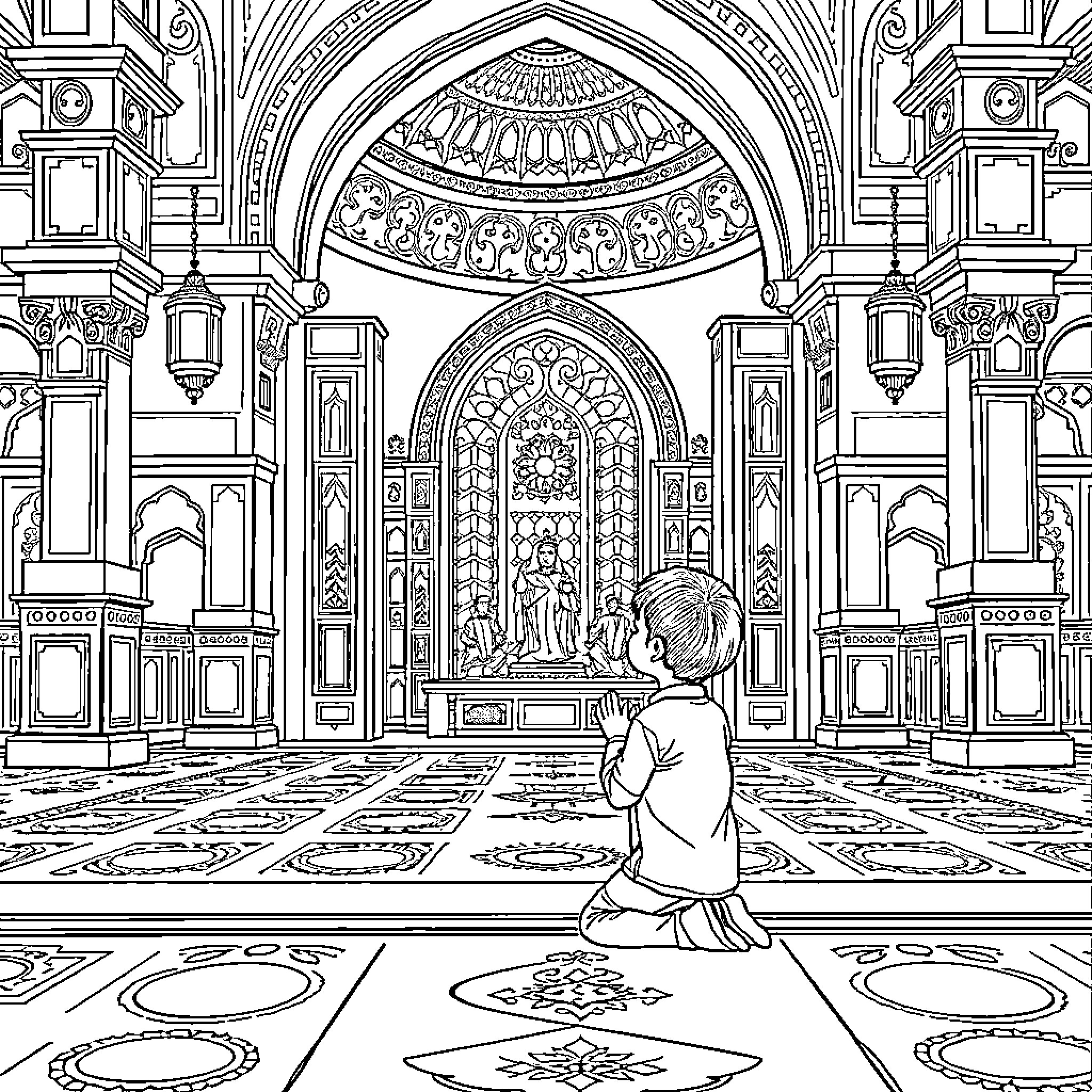 Boy praying in ornate church interior Coloring Page (free black-and-white line drawing printable PDF for all, from beginners to advanced learners, including children, teens, adults, and seniors)