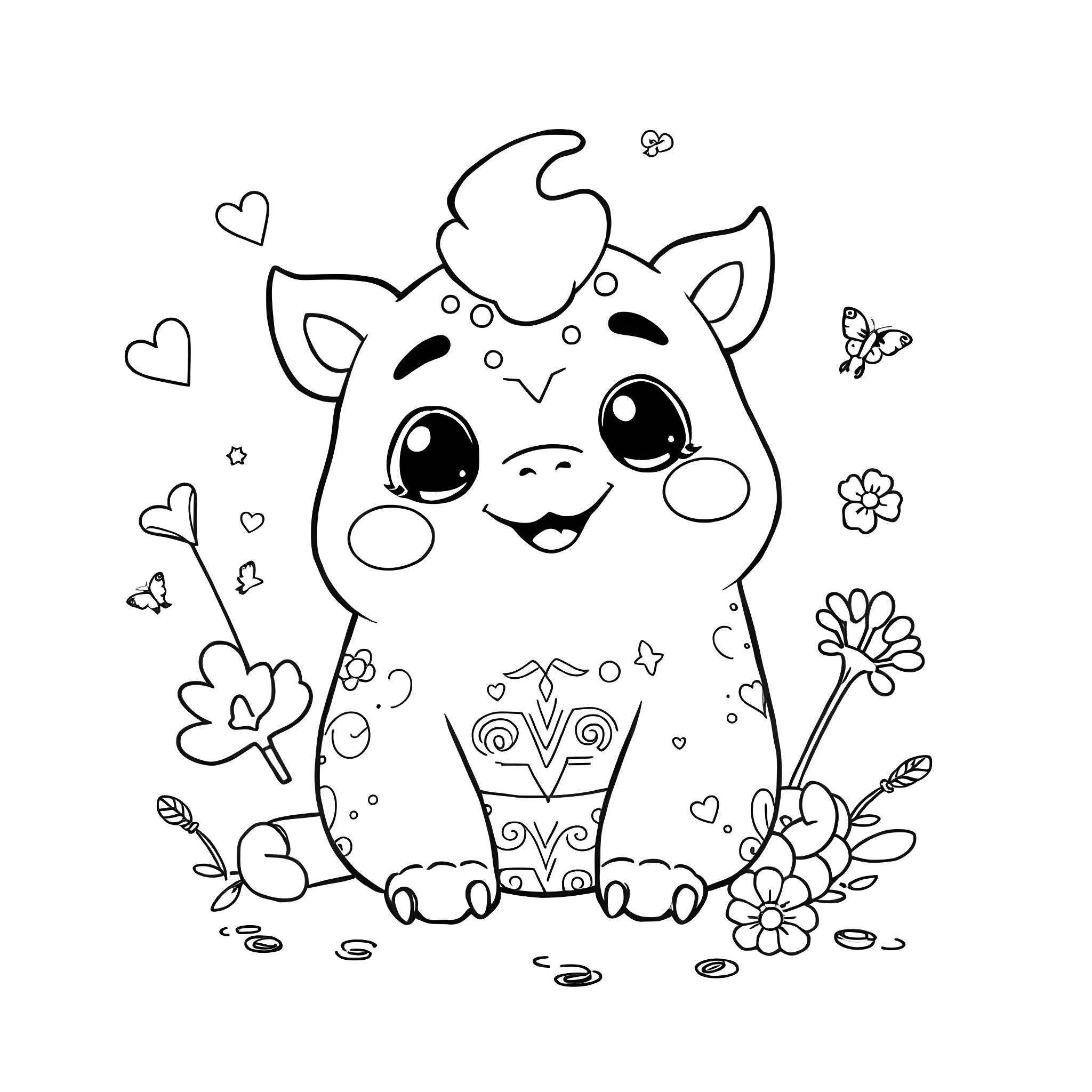 Squishees playing happily with butterflies and flowers Coloring Page (free black-and-white line drawing printable PDF for all, from beginners to advanced learners, including children, teens, adults, and seniors)