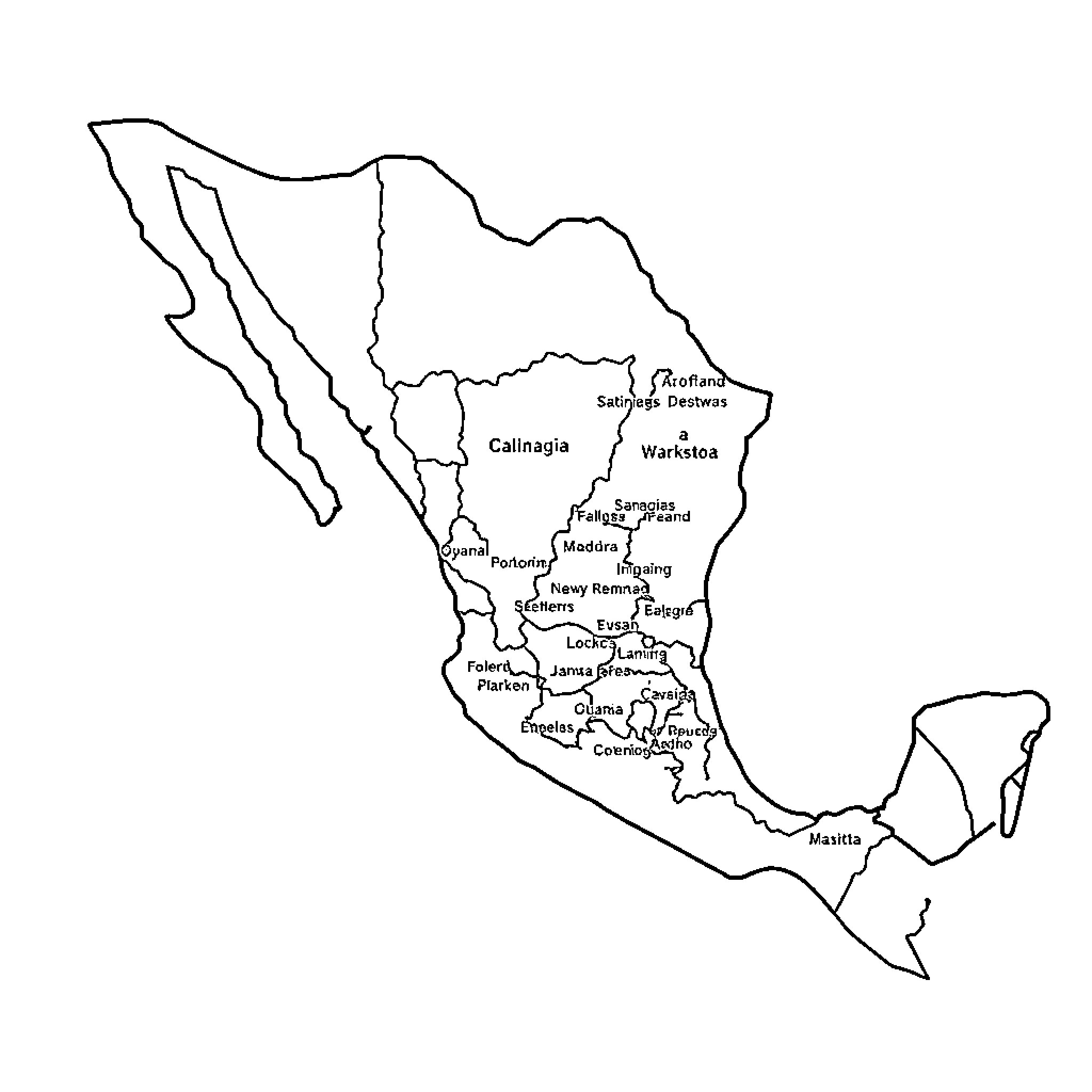 Mapa of Mexico's states and regions Coloring Page (free black-and-white line drawing printable PDF for all, from beginners to advanced learners, including children, teens, adults, and seniors)