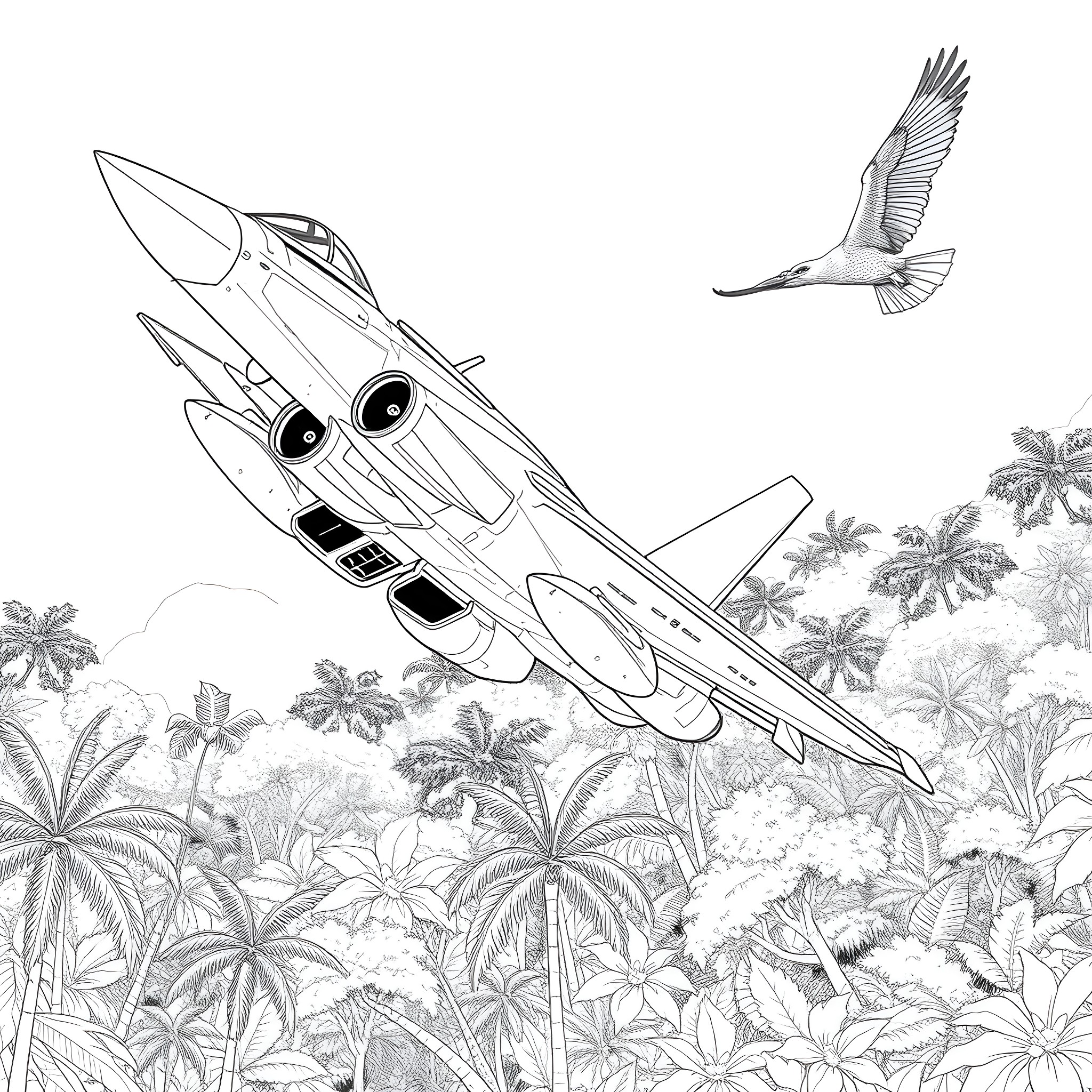 Eagle-shaped jet in tropical jungle scenery Coloring Page (free black-and-white line drawing printable PDF for all, from beginners to advanced learners, including children, teens, adults, and seniors)