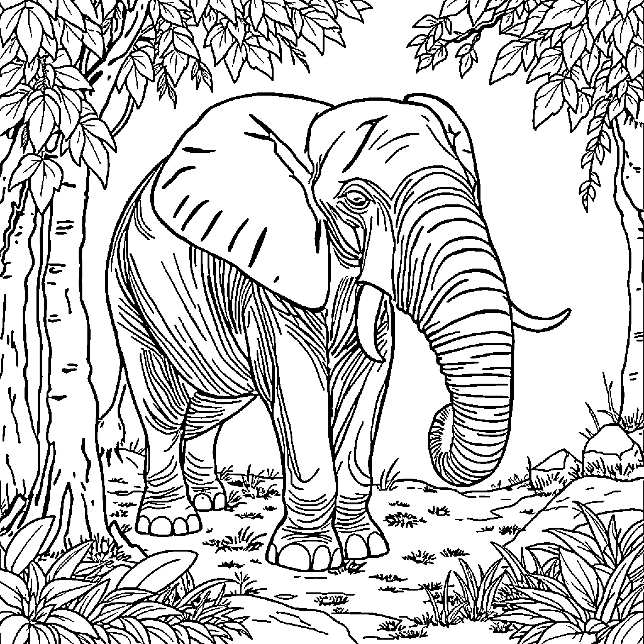 Elephant standing in lush foliage Coloring Page (free black-and-white line drawing printable PDF for all, from beginners to advanced learners, including children, teens, adults, and seniors)