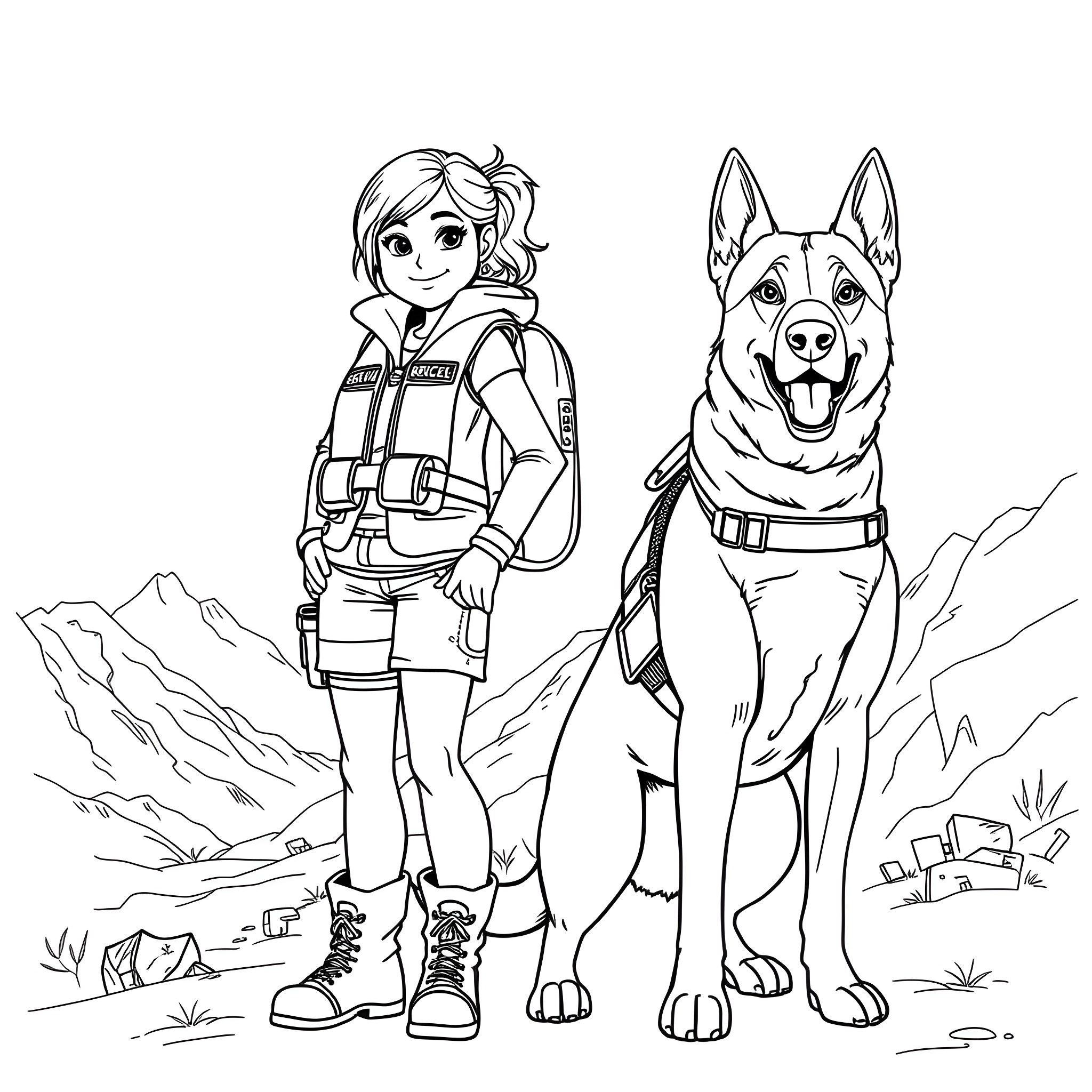 Teen Girl and Her Loyal Canine Companion on an Adventure Coloring Page (free black-and-white line drawing printable PDF for all, from beginners to advanced learners, including children, teens, adults, and seniors)