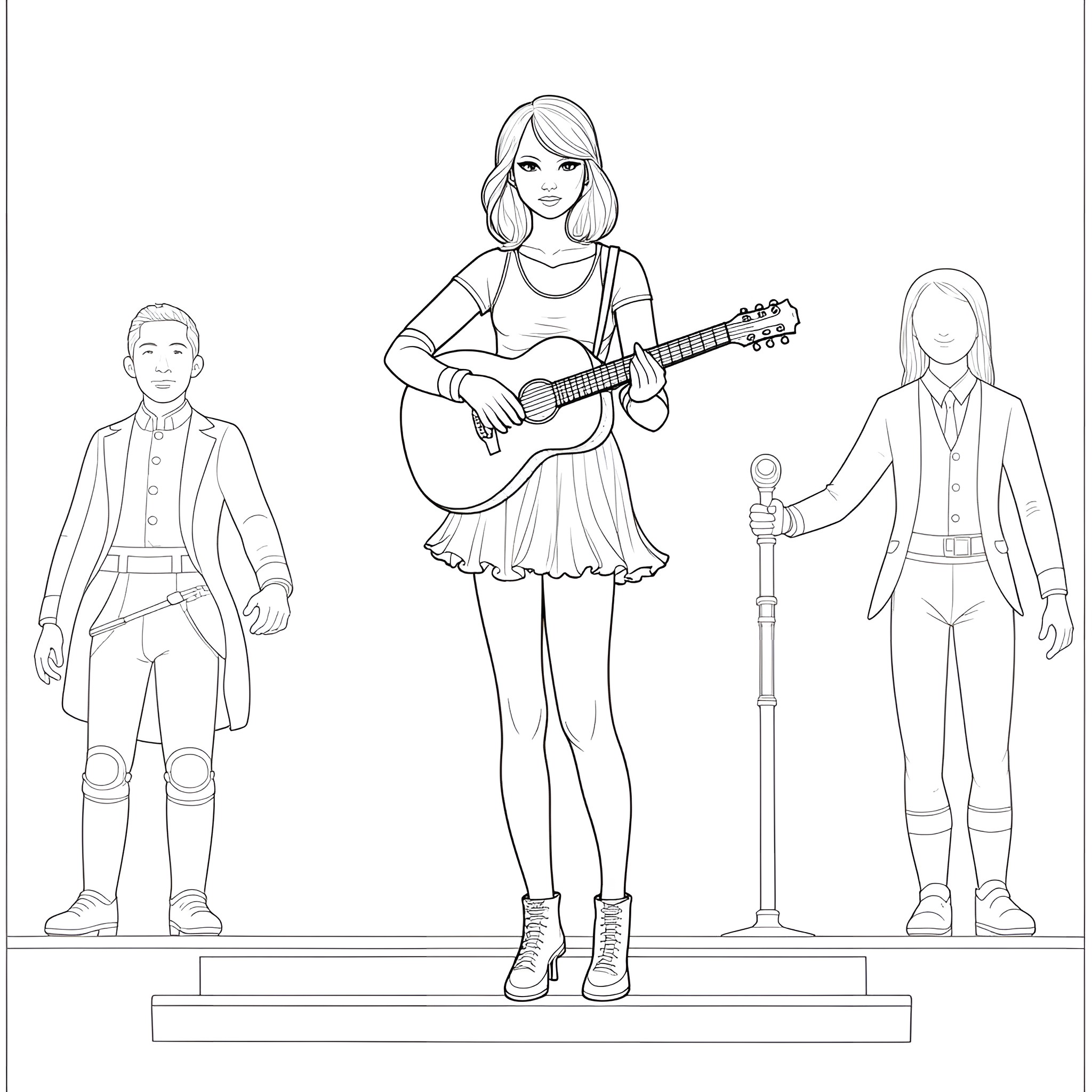 Taylor Swift performing on stage with band members Coloring Page (free black-and-white line drawing printable PDF for all, from beginners to advanced learners, including children, teens, adults, and seniors)