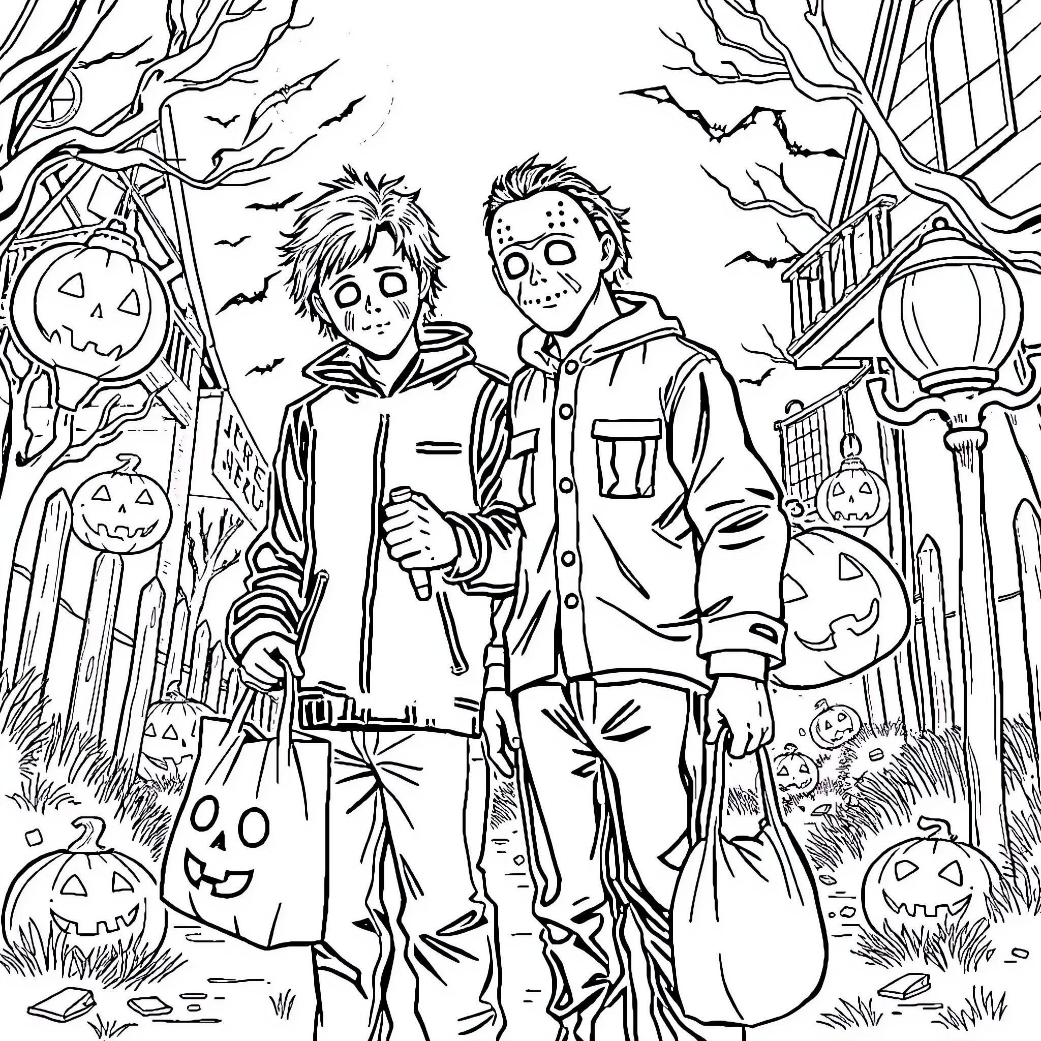 Michael Myers and Trick-or-Treaters in Spooky Halloween Scene Coloring Page (free black-and-white line drawing printable PDF for all, from beginners to advanced learners, including children, teens, adults, and seniors)