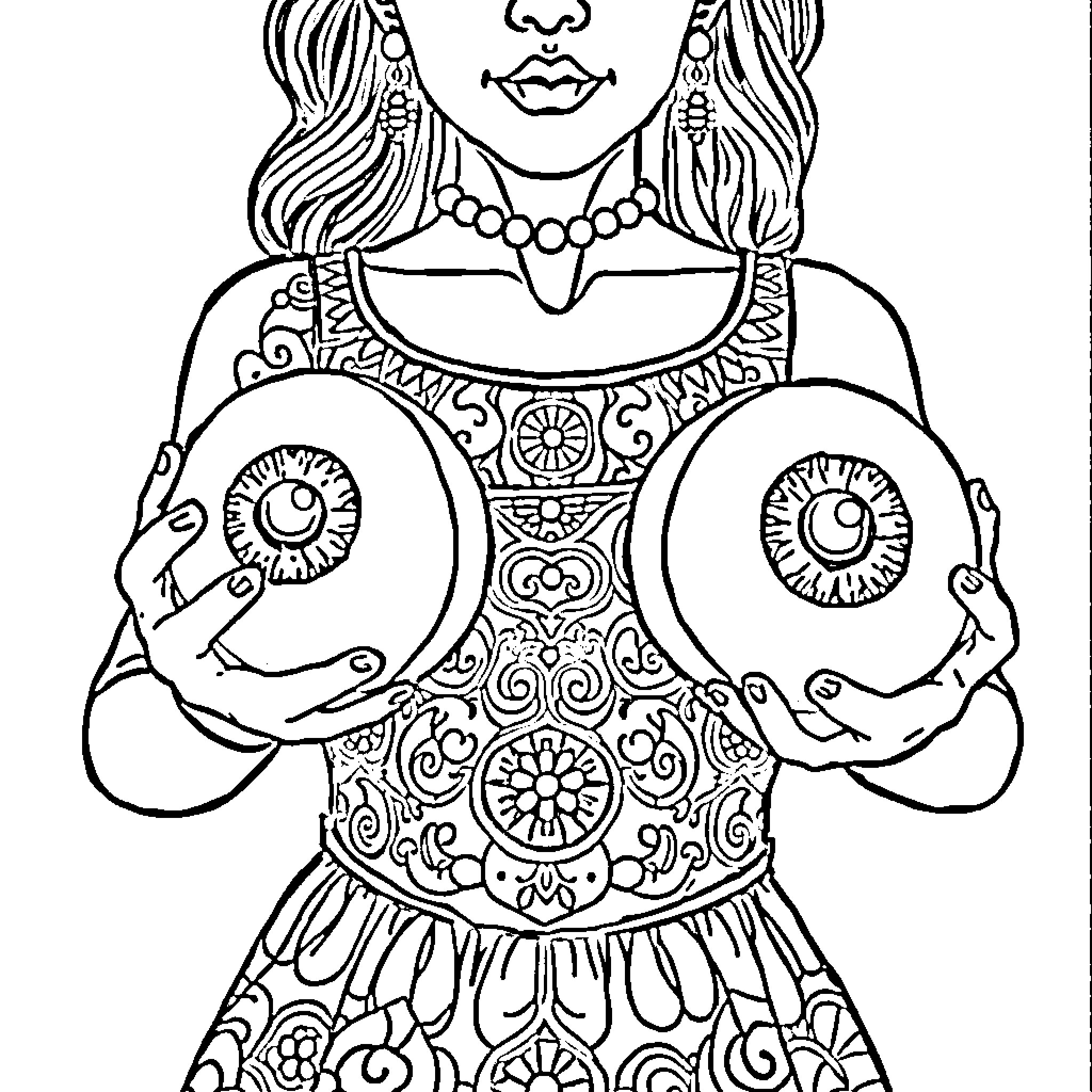 Woman in elaborate patterned dress posing confidently Coloring Page (free black-and-white line drawing printable PDF for all, from beginners to advanced learners, including children, teens, adults, and seniors)