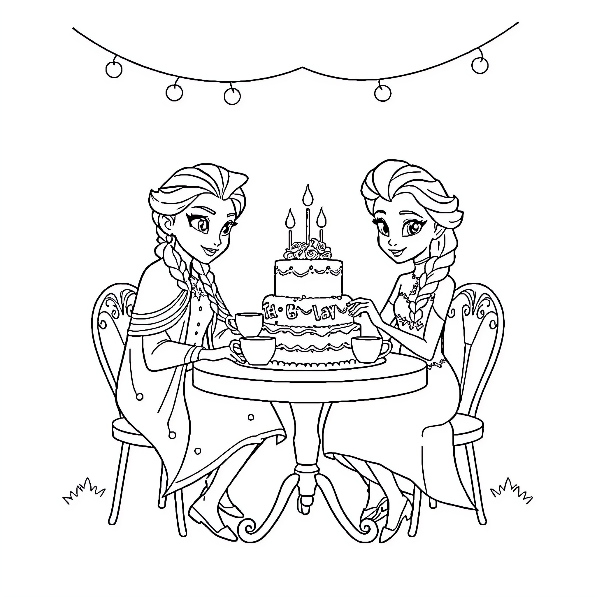 Elsa and Anna Celebrate with Birthday Cake Coloring Page (free black-and-white line drawing printable PDF for all, from beginners to advanced learners, including children, teens, adults, and seniors)