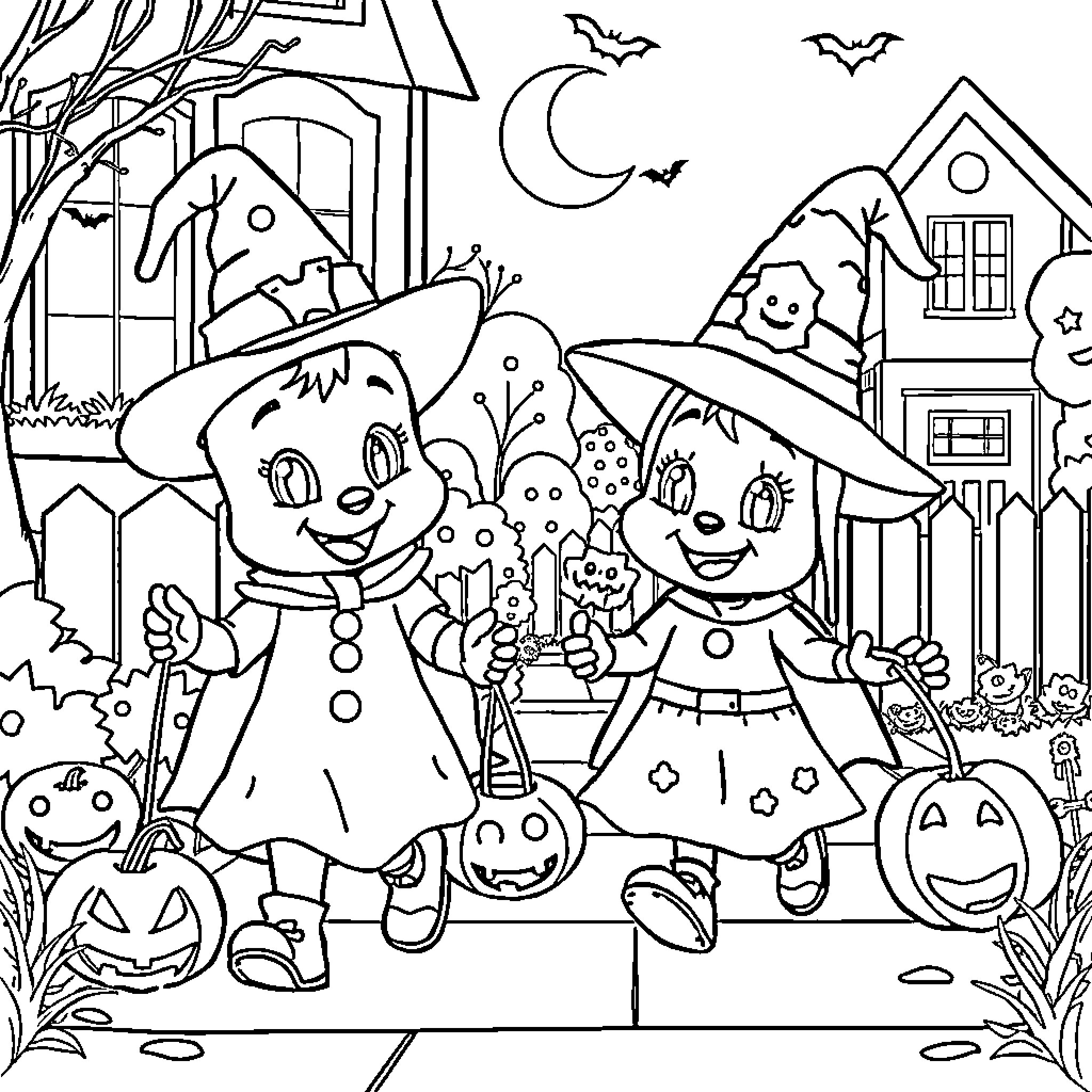 Bluey's Spooky Halloween Adventure Coloring Page (free black-and-white line drawing printable PDF for all, from beginners to advanced learners, including children, teens, adults, and seniors)
