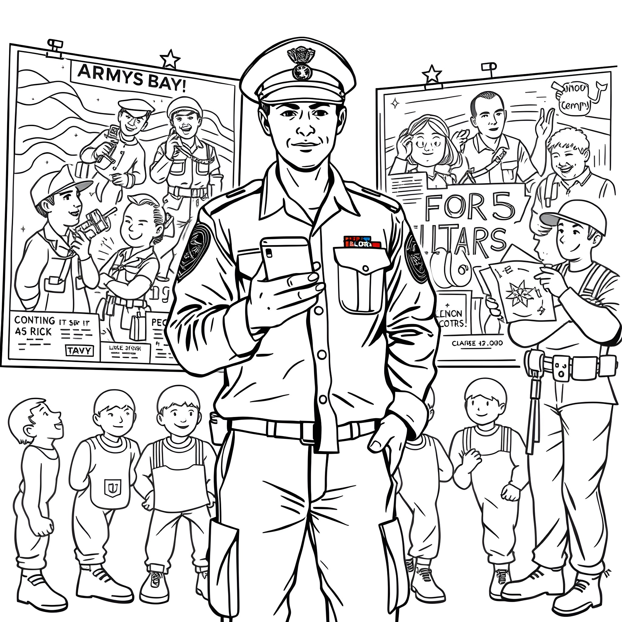 Army Recruiter Engaging with Diverse Community Coloring Page (free black-and-white line drawing printable PDF for all, from beginners to advanced learners, including children, teens, adults, and seniors)