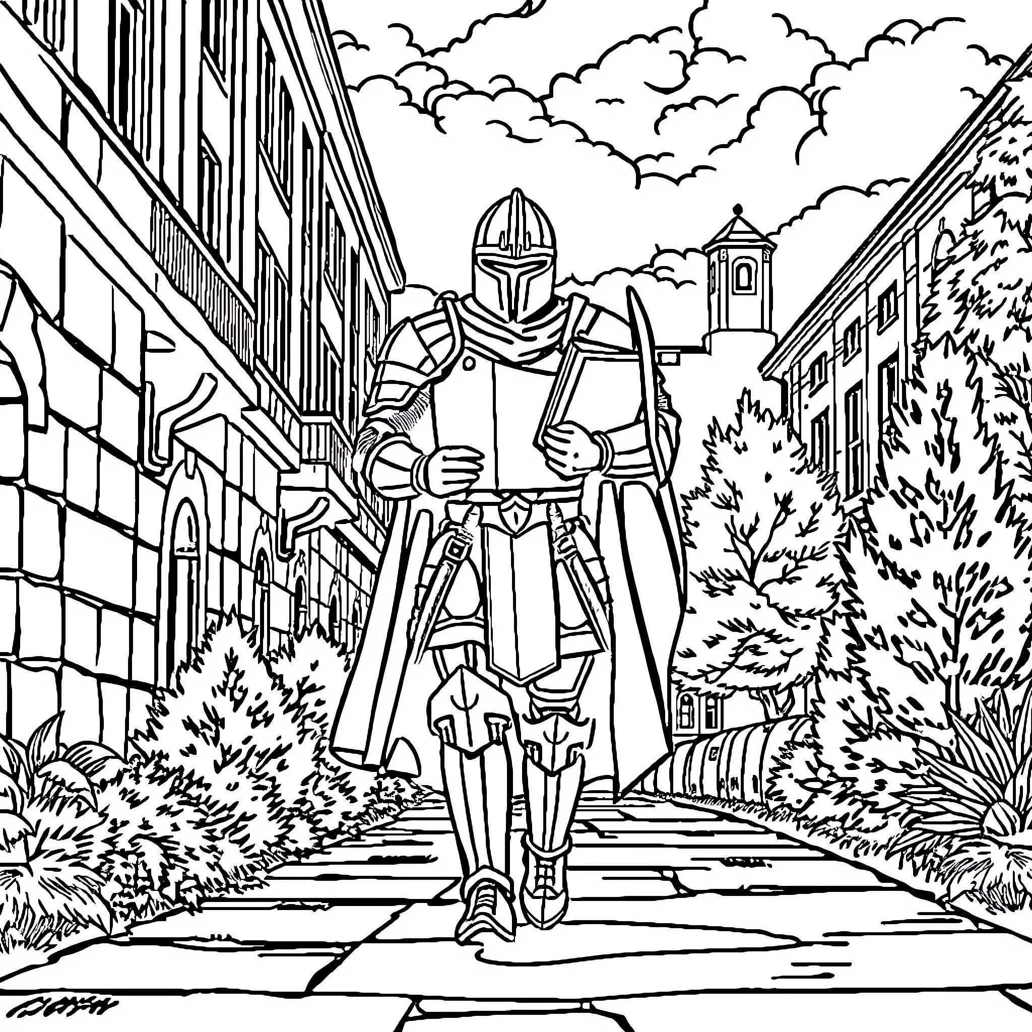 Crusader Marches Through Medieval Town Coloring Page (free black-and-white line drawing printable PDF for all, from beginners to advanced learners, including children, teens, adults, and seniors)