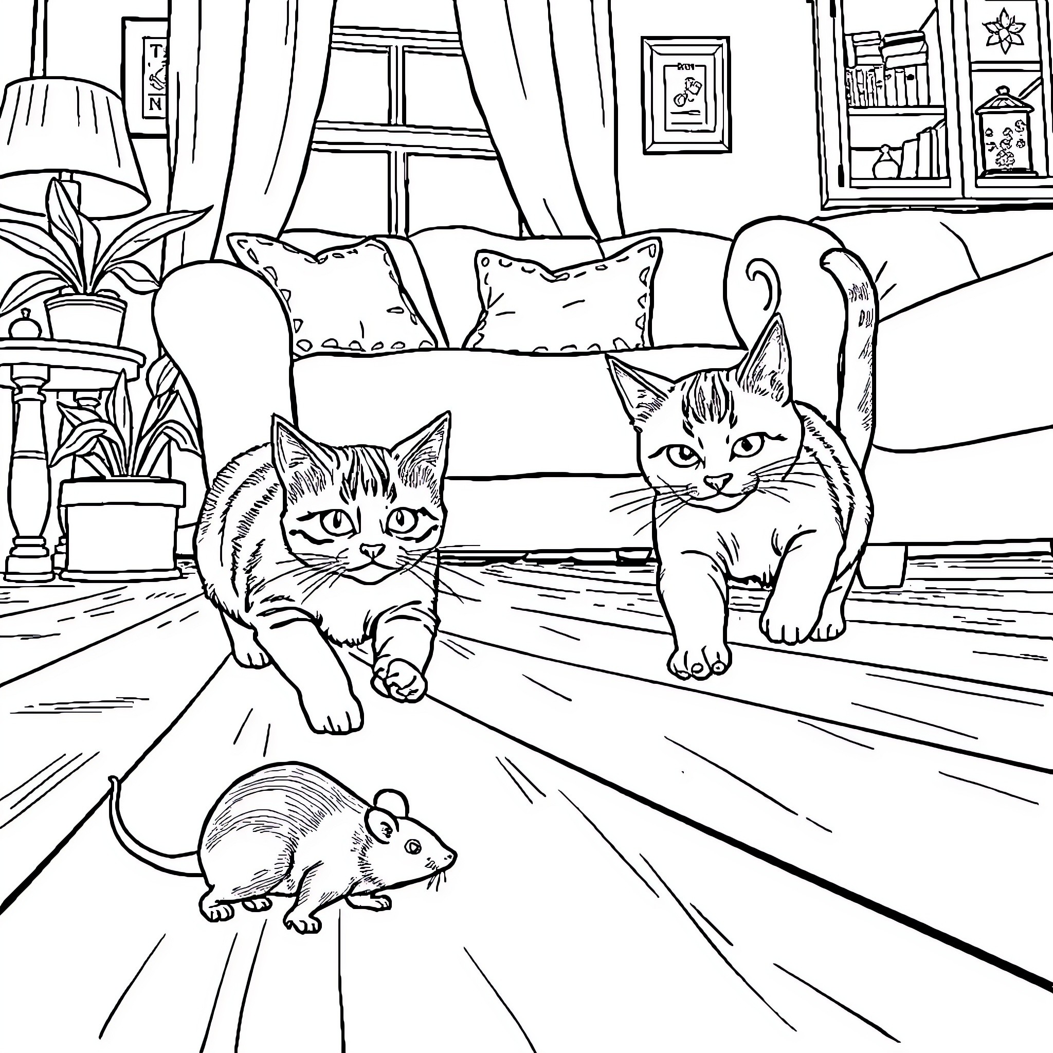 Cats exploring their cozy home Coloring Page (free black-and-white line drawing printable PDF for all, from beginners to advanced learners, including children, teens, adults, and seniors)