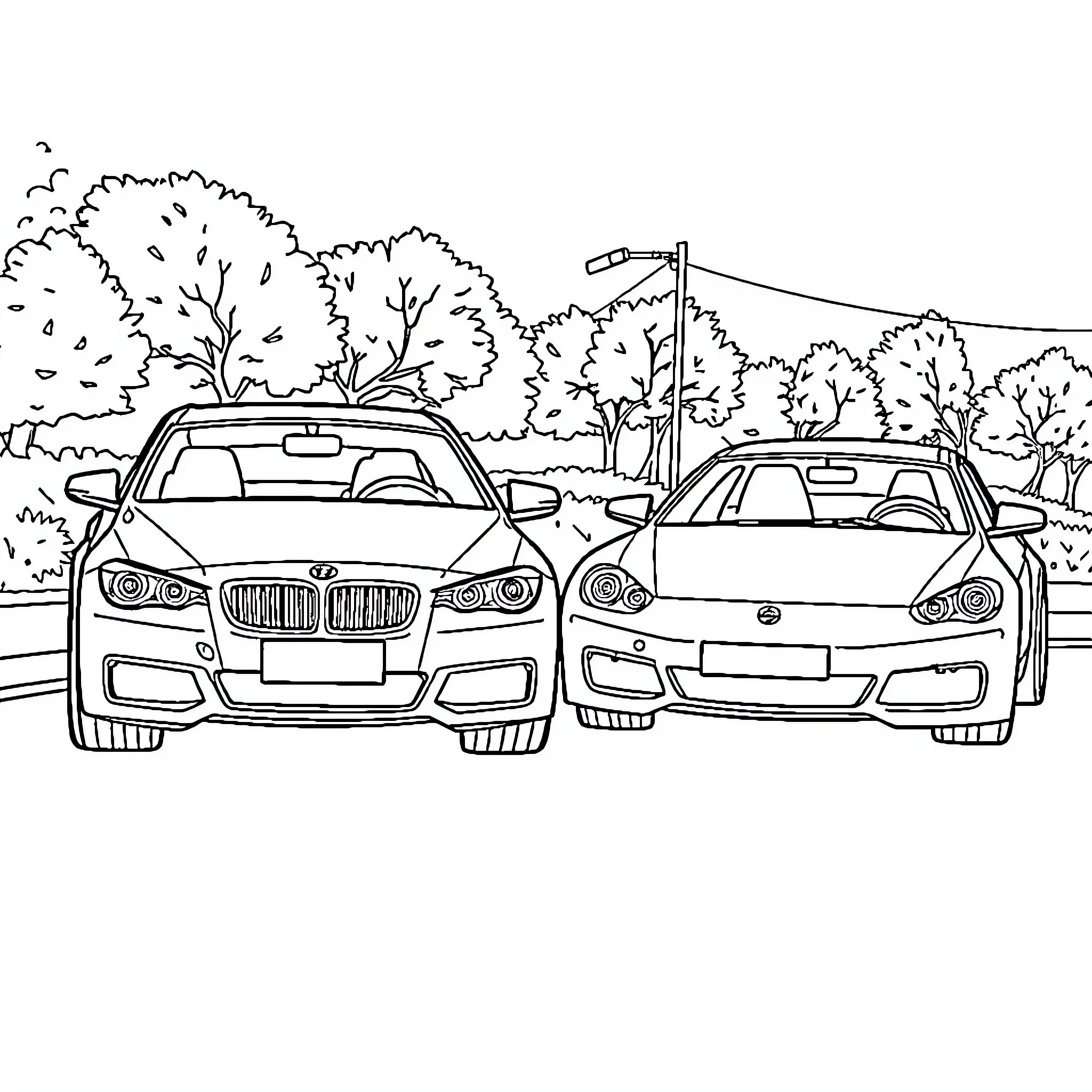 Car models parked in scenic outdoor setting Coloring Page (free black-and-white line drawing printable PDF for all, from beginners to advanced learners, including children, teens, adults, and seniors)