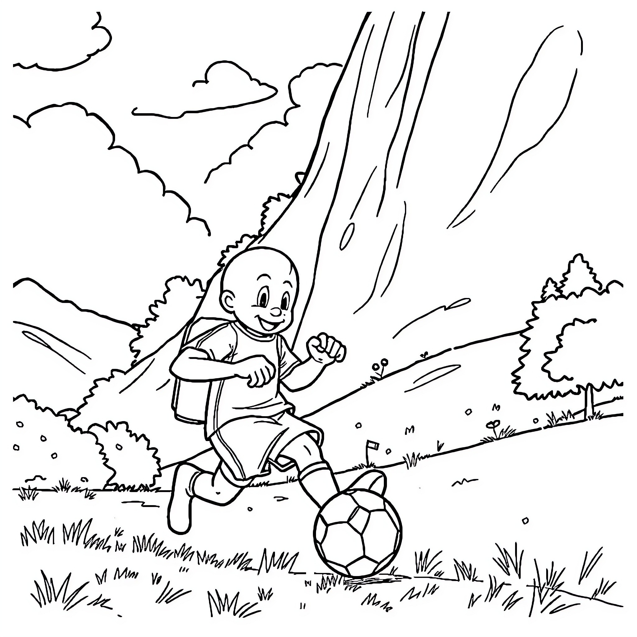 Scoobidou kicking a soccer ball on a sunny day Coloring Page (free black-and-white line drawing printable PDF for all, from beginners to advanced learners, including children, teens, adults, and seniors)