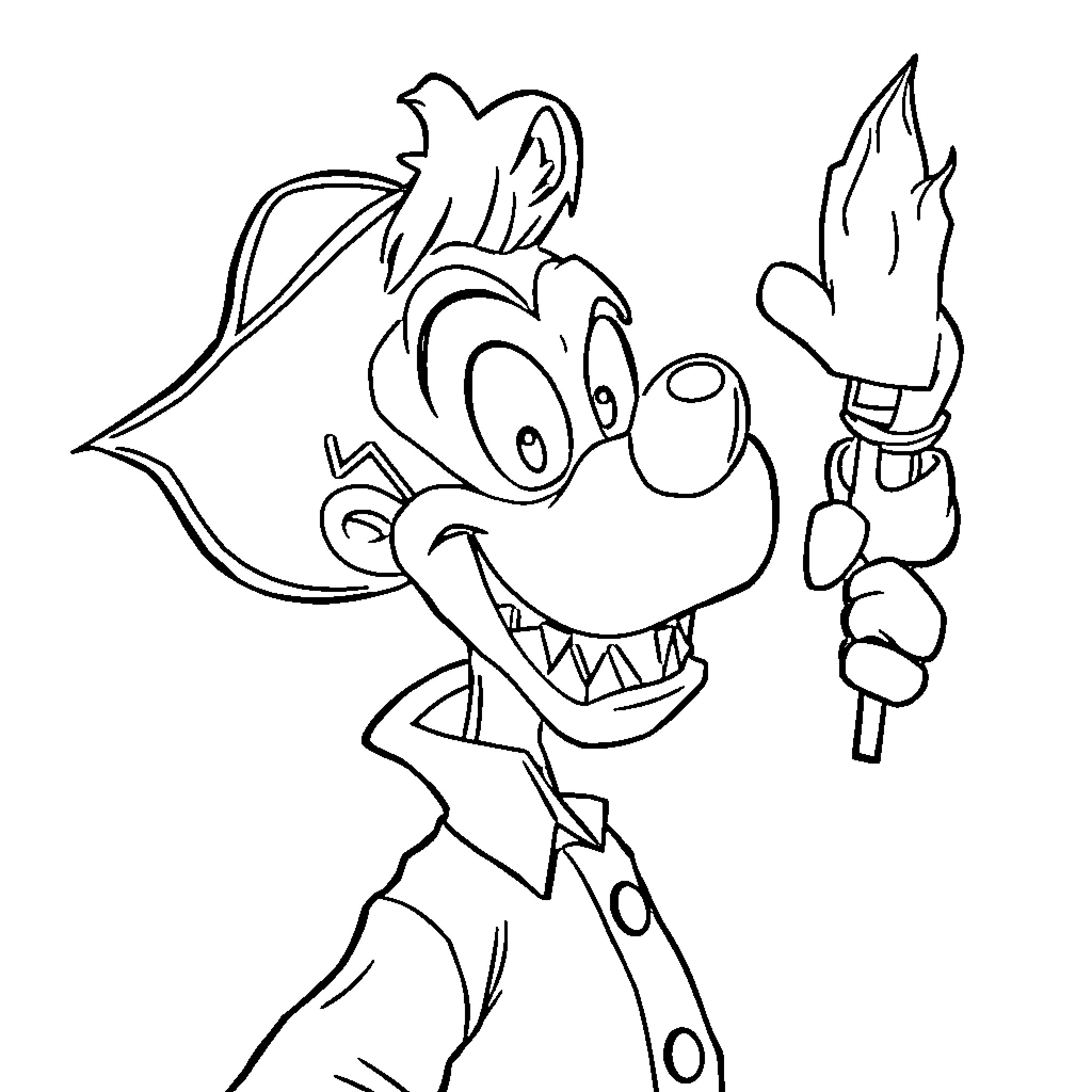 Goofy creature with mischievous expression and burning torch Coloring Page (free black-and-white line drawing printable PDF for all, from beginners to advanced learners, including children, teens, adults, and seniors)