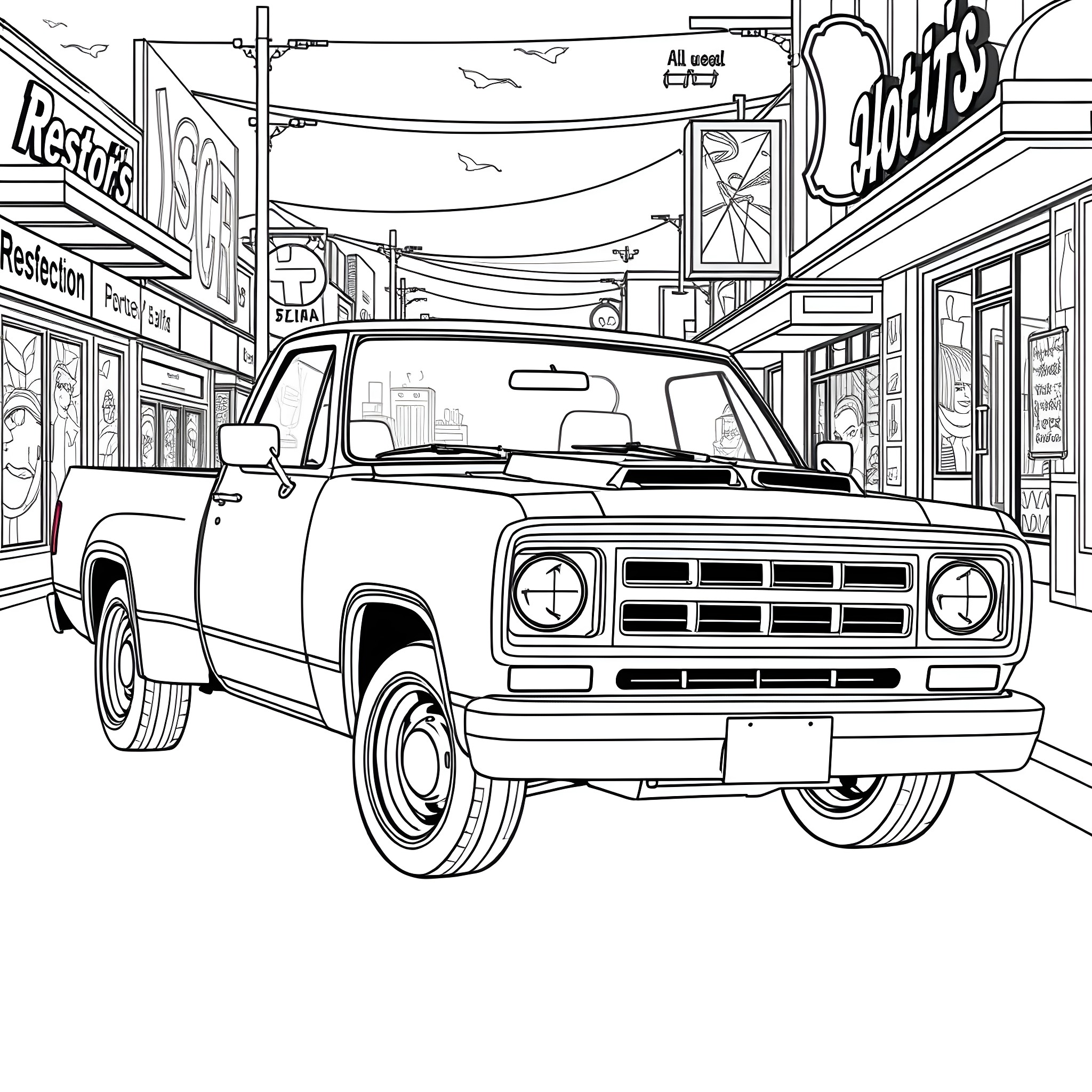 Dodge truck parked in urban street scene Coloring Page (free black-and-white line drawing printable PDF for all, from beginners to advanced learners, including children, teens, adults, and seniors)
