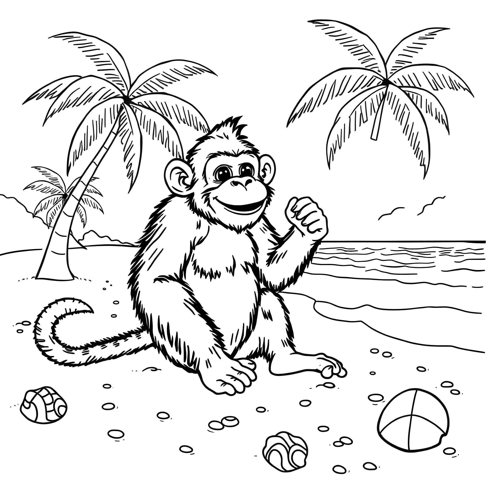 Monkey enjoying a tropical beach scene Coloring Page (free black-and-white line drawing printable PDF for all, from beginners to advanced learners, including children, teens, adults, and seniors)