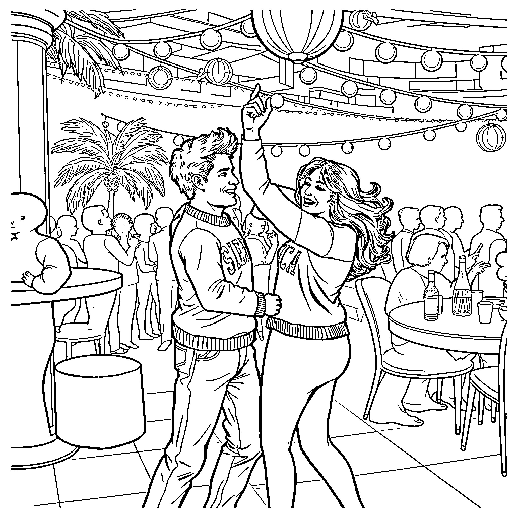 Person enjoying a festive celebration with others Coloring Page (free black-and-white line drawing printable PDF for all, from beginners to advanced learners, including children, teens, adults, and seniors)