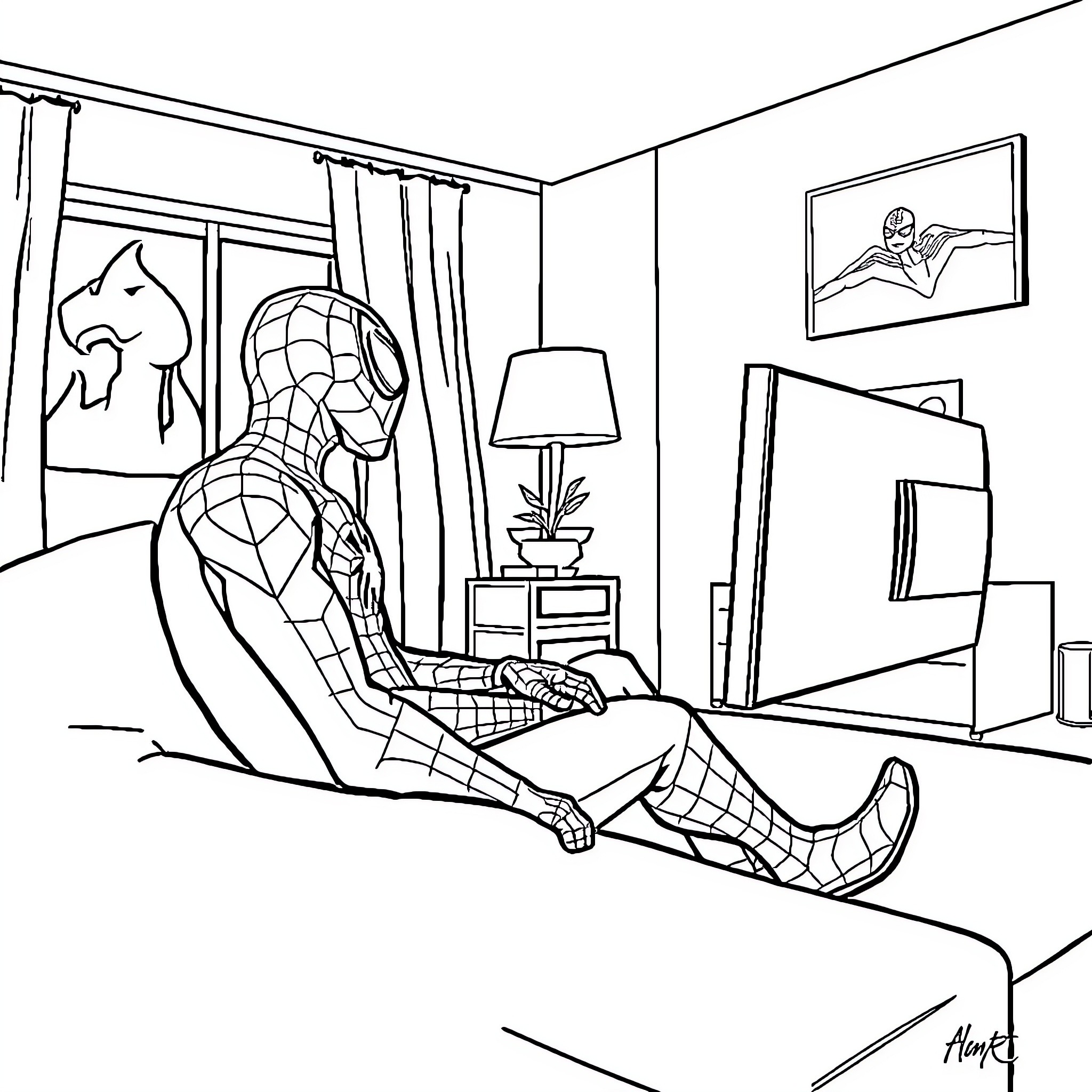 Spiderman relaxing in his living room Coloring Page (free black-and-white line drawing printable PDF for all, from beginners to advanced learners, including children, teens, adults, and seniors)