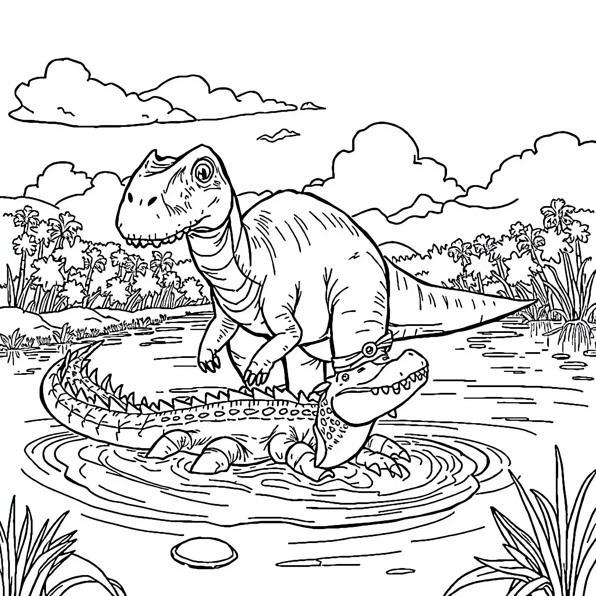 Dinosaur exploring the swampy wetlands Coloring Page (free black-and-white line drawing printable PDF for all, from beginners to advanced learners, including children, teens, adults, and seniors)