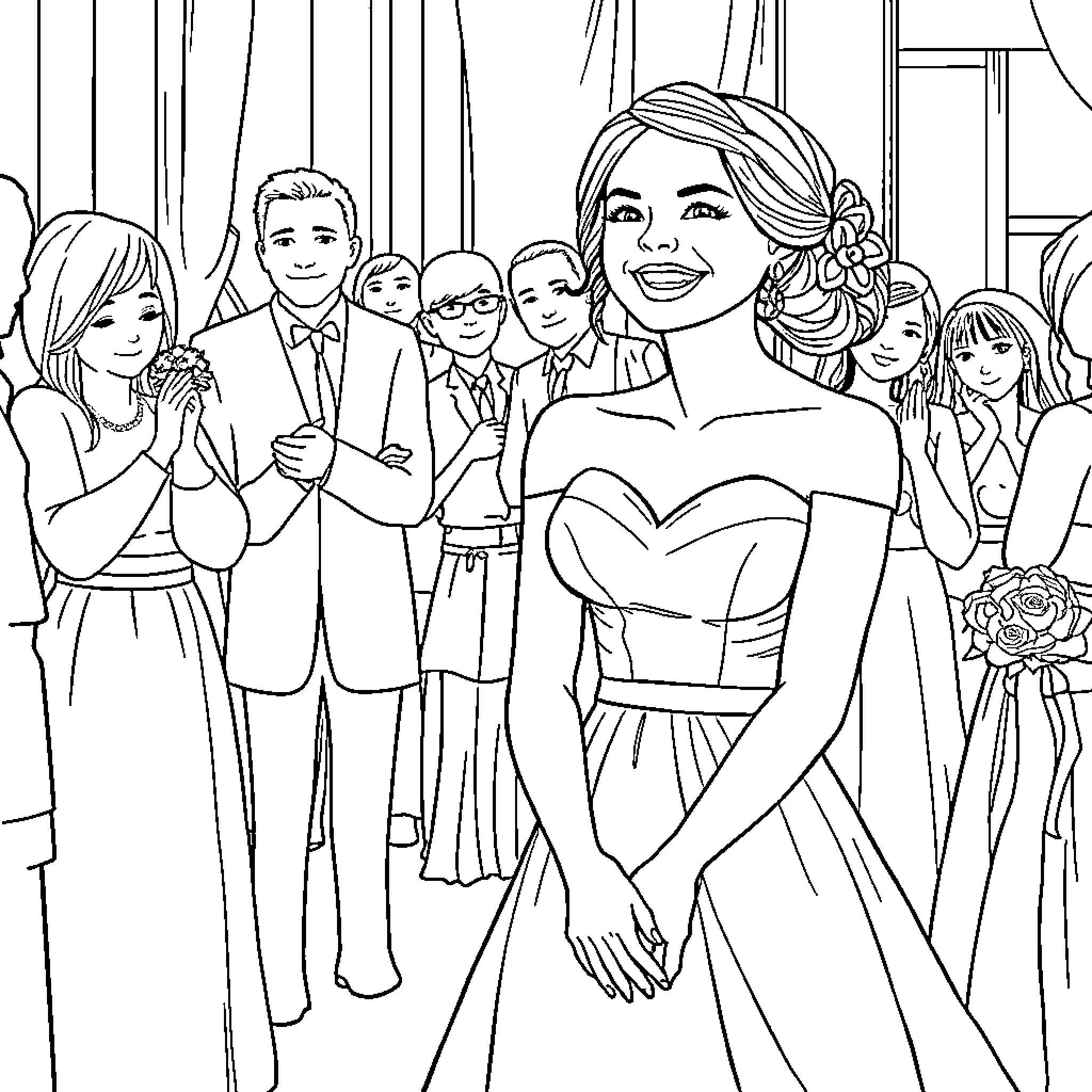 Bridesmaid celebrates joyful wedding ceremony with family Coloring Page (free black-and-white line drawing printable PDF for all, from beginners to advanced learners, including children, teens, adults, and seniors)