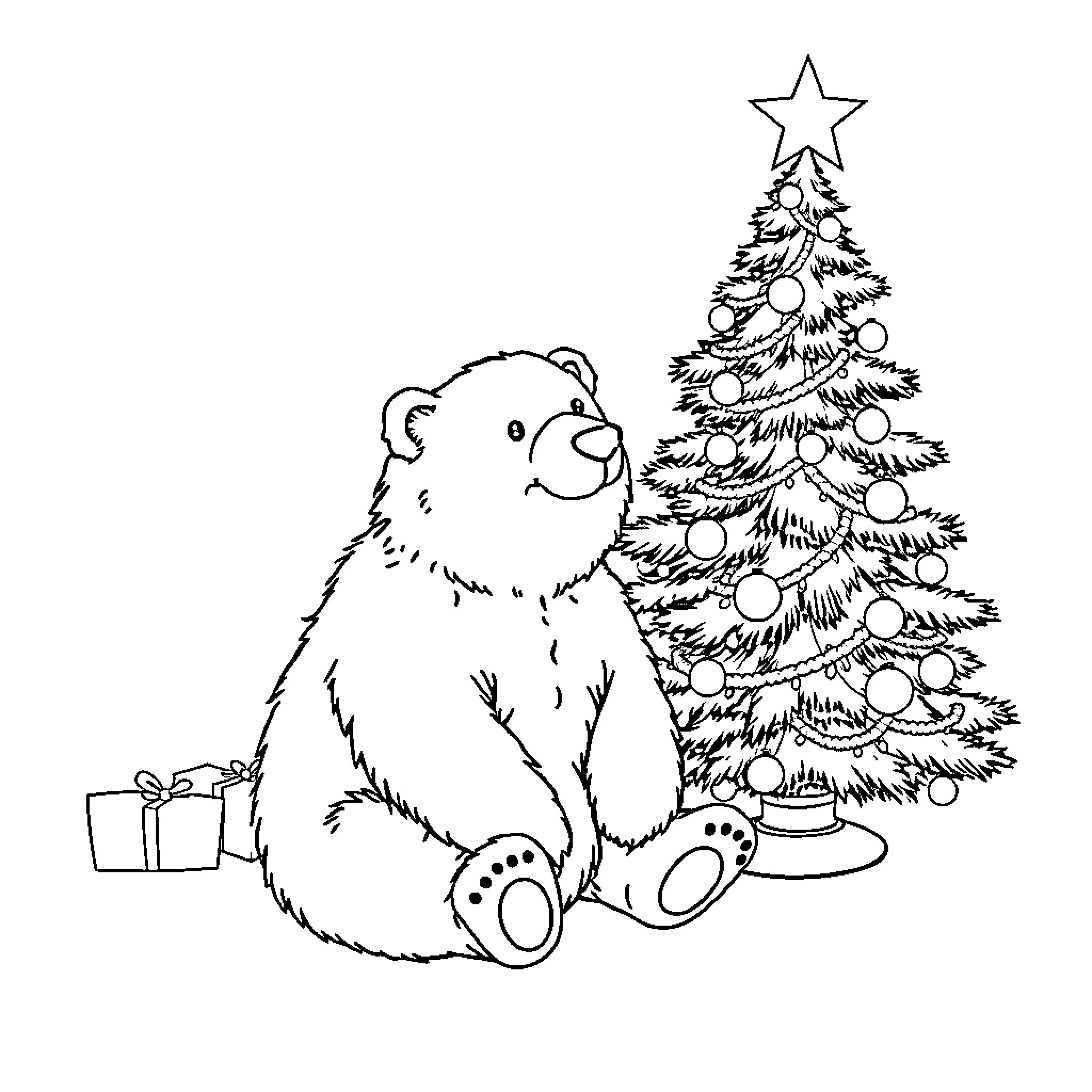 Polar Bear admiring Christmas tree with gifts Coloring Page (free black-and-white line drawing printable PDF for all, from beginners to advanced learners, including children, teens, adults, and seniors)