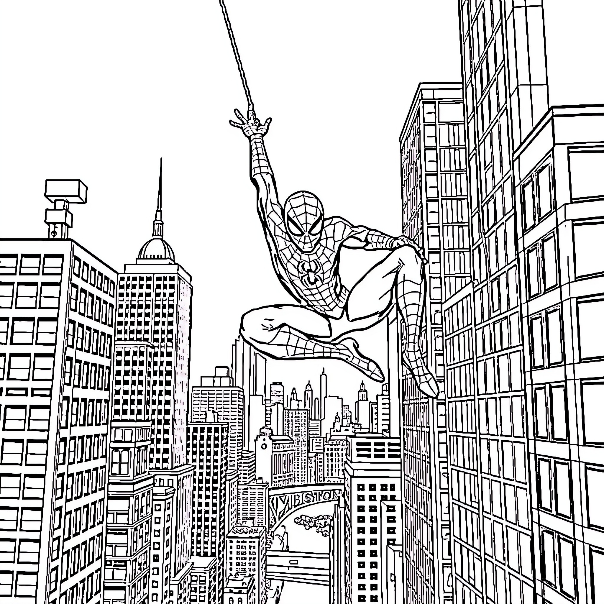 Spiderman swinging through the cityscape Coloring Page (free black-and-white line drawing printable PDF for all, from beginners to advanced learners, including children, teens, adults, and seniors)