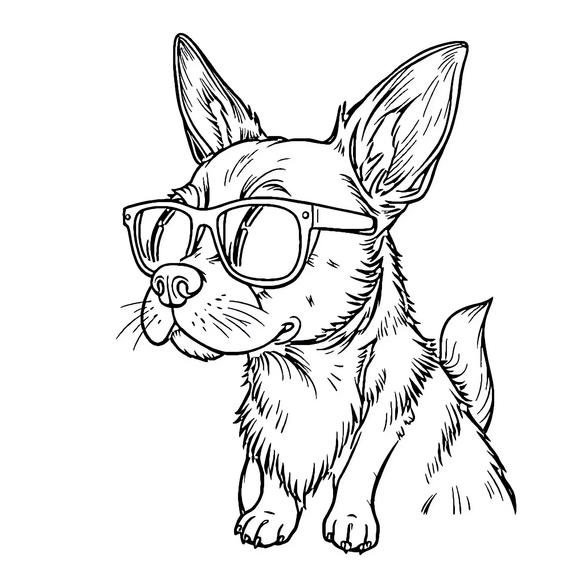 Dog with Glasses Wearing a Stylish Outfit Coloring Page (free black-and-white line drawing printable PDF for all, from beginners to advanced learners, including children, teens, adults, and seniors)