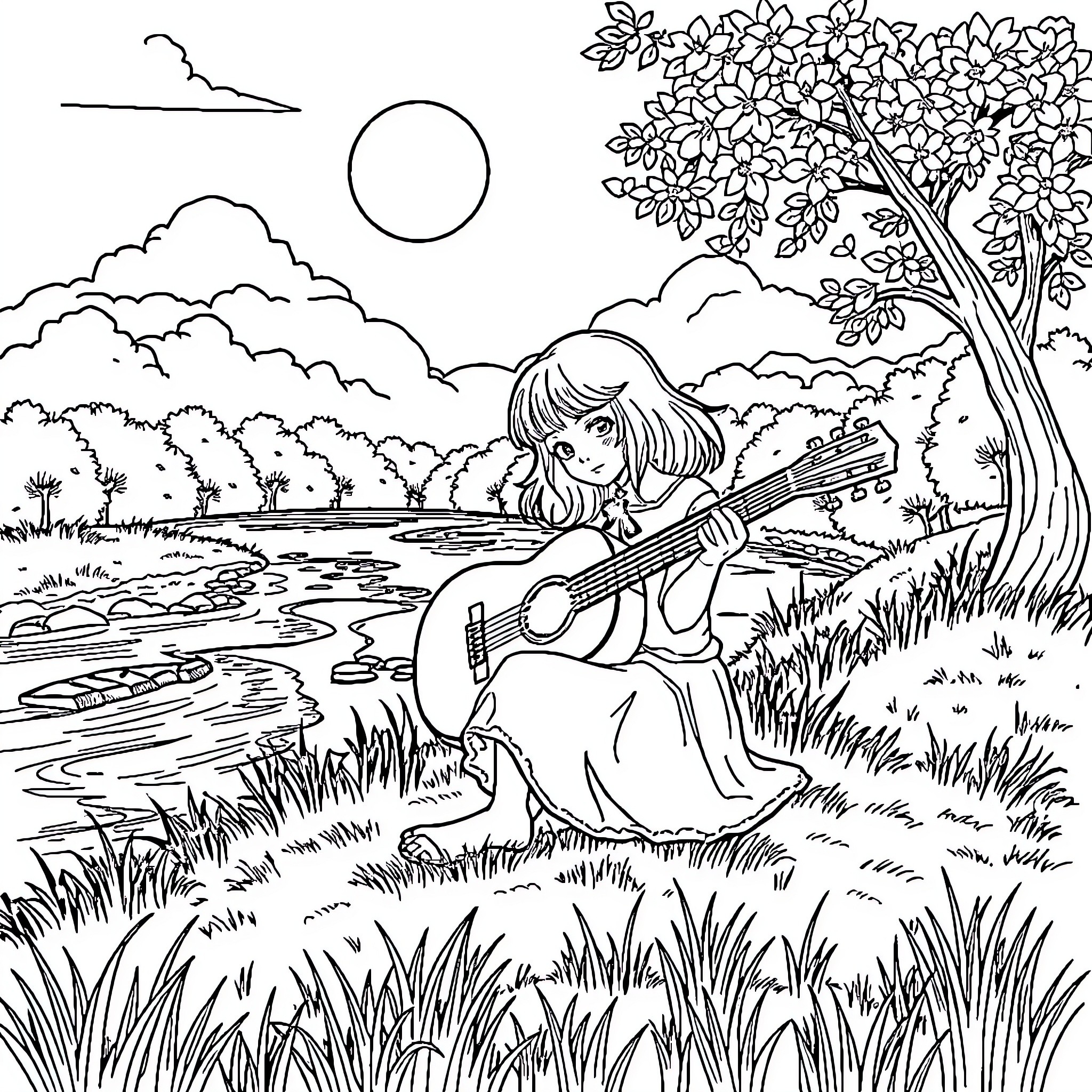 Girl playing guitar in serene nature scene Coloring Page (free black-and-white line drawing printable PDF for all, from beginners to advanced learners, including children, teens, adults, and seniors)