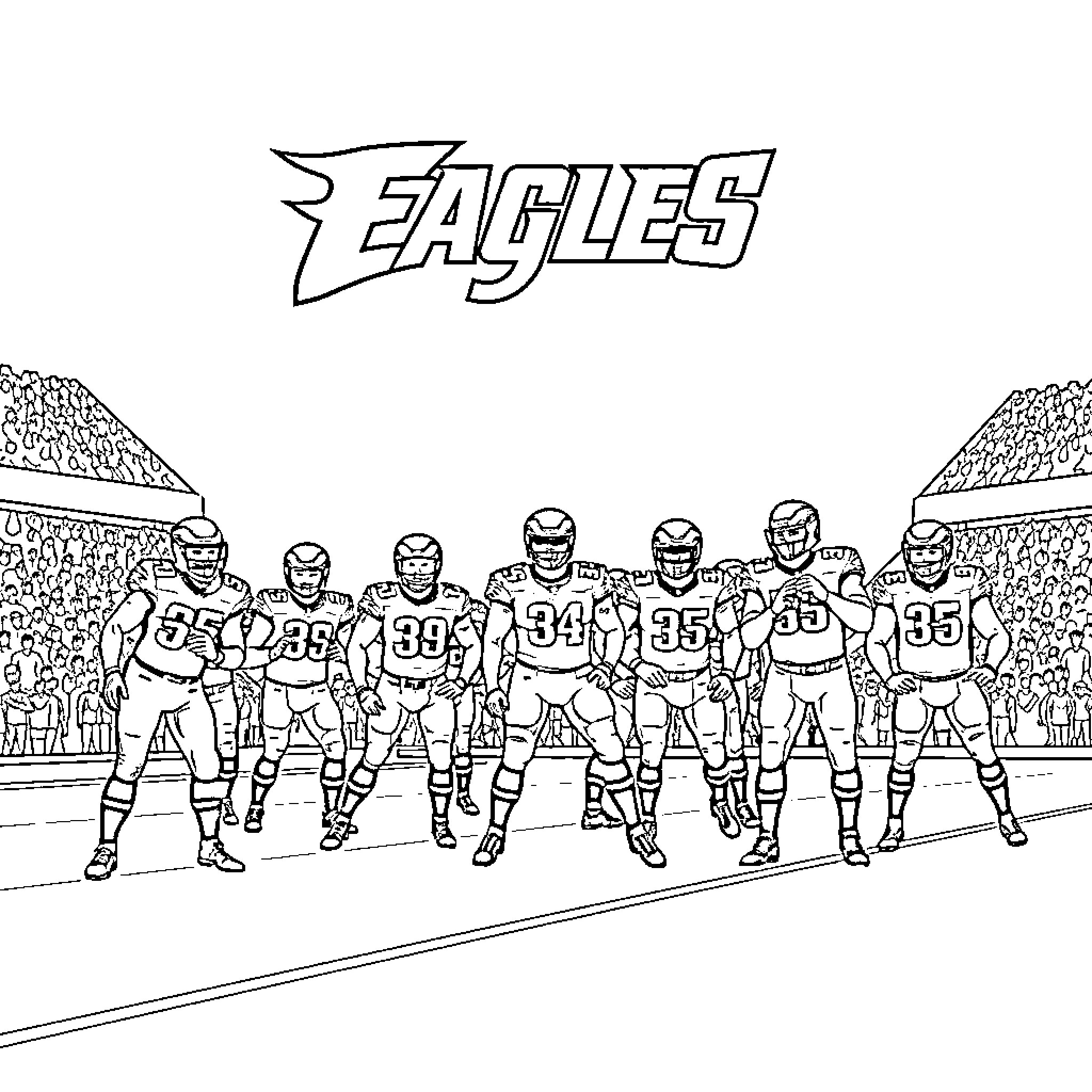 Eagles football team preparing for the game Coloring Page (free black-and-white line drawing printable PDF for all, from beginners to advanced learners, including children, teens, adults, and seniors)