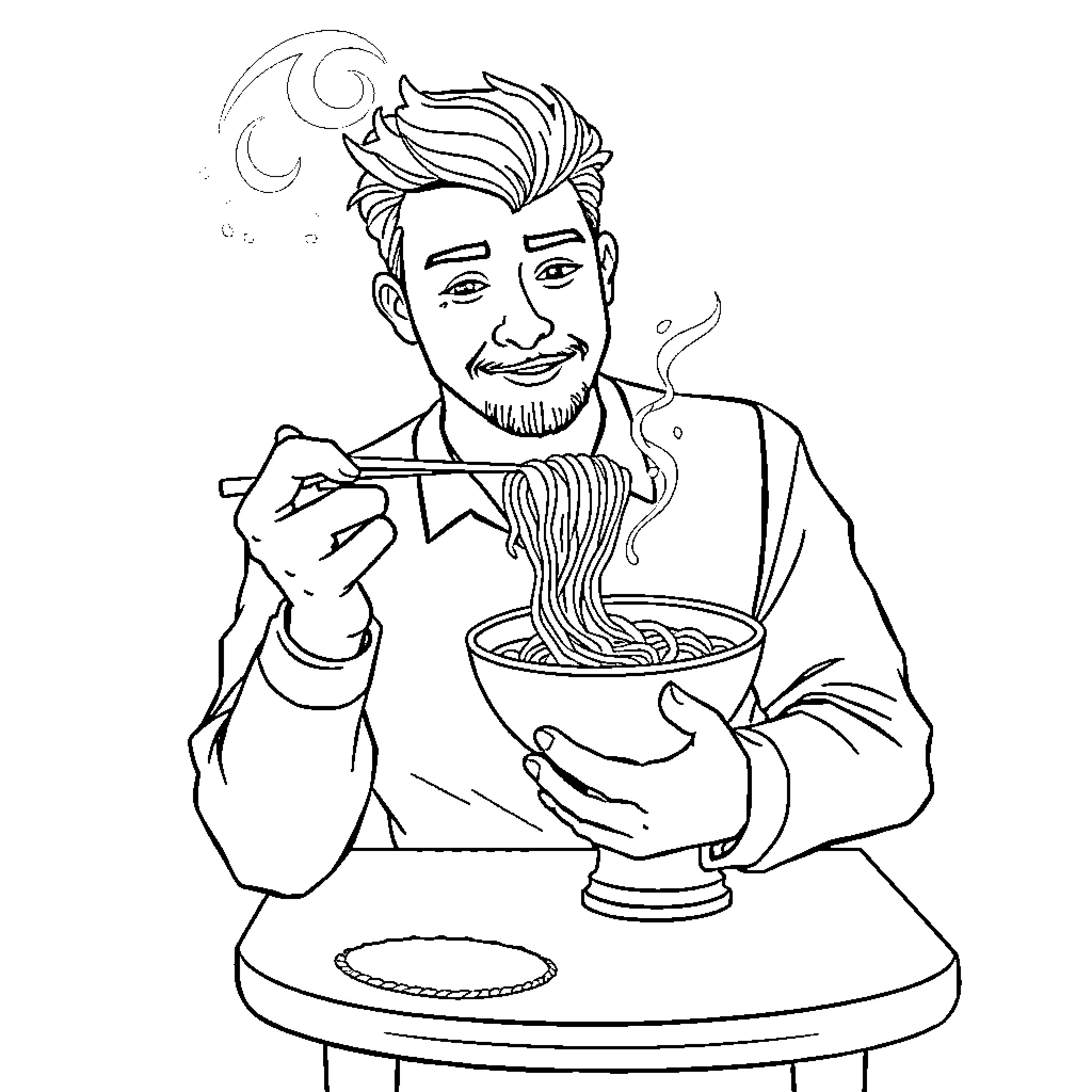 Man enjoying a bowl of noodles Coloring Page (free black-and-white line drawing printable PDF for all, from beginners to advanced learners, including children, teens, adults, and seniors)