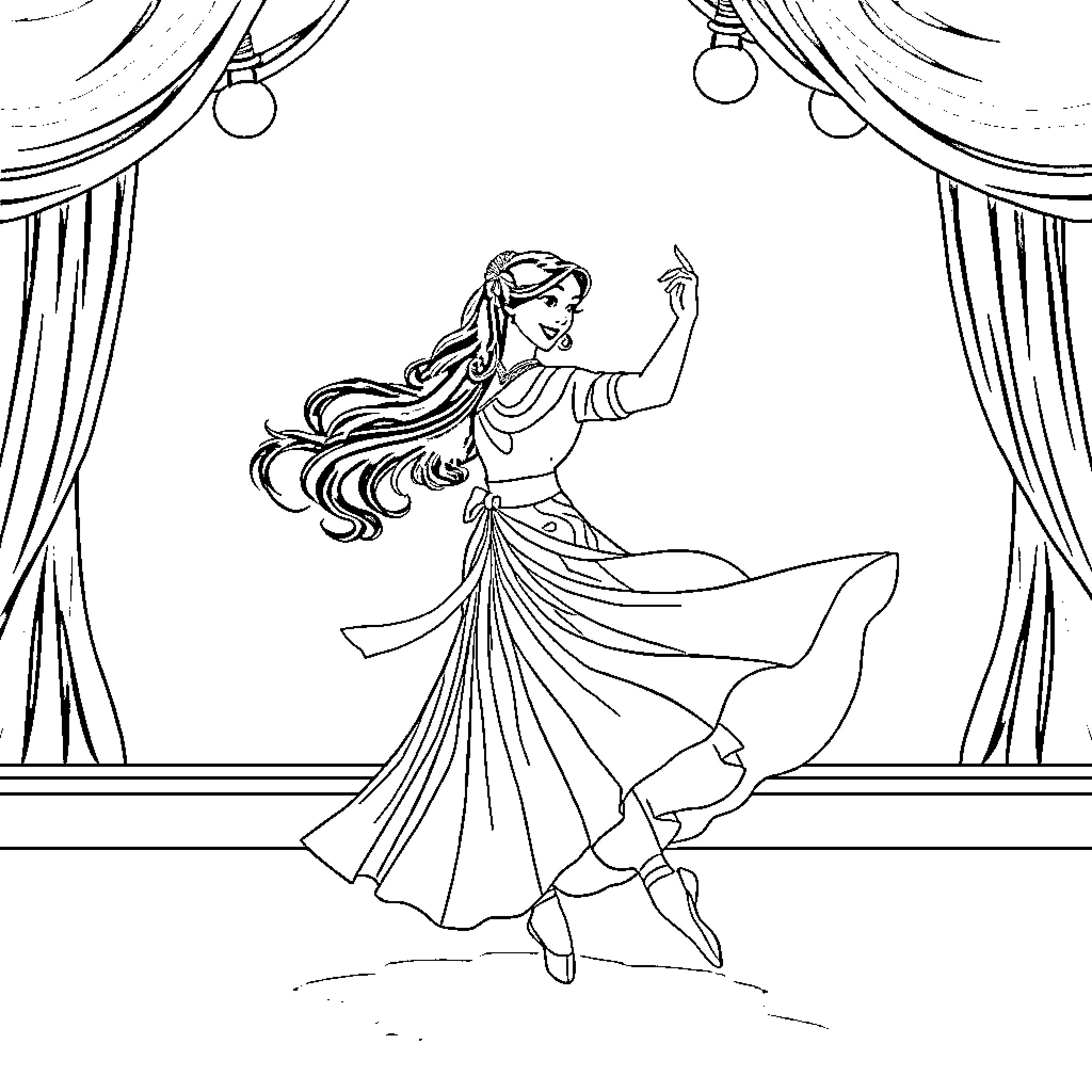 Mulan dancing gracefully on stage Coloring Page (free black-and-white line drawing printable PDF for all, from beginners to advanced learners, including children, teens, adults, and seniors)