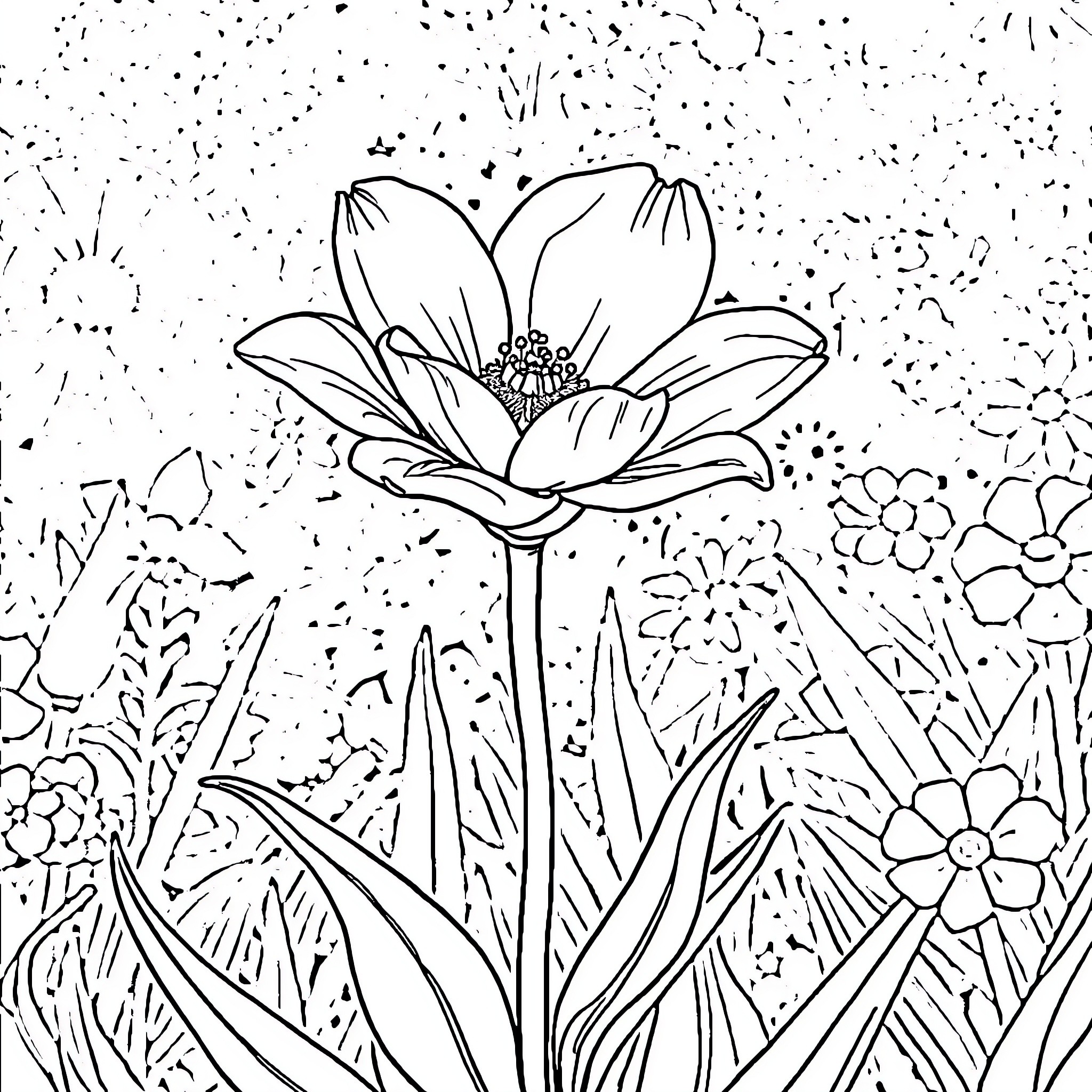 Flower Blooming Amid Lush Garden Coloring Page (free black-and-white line drawing printable PDF for all, from beginners to advanced learners, including children, teens, adults, and seniors)