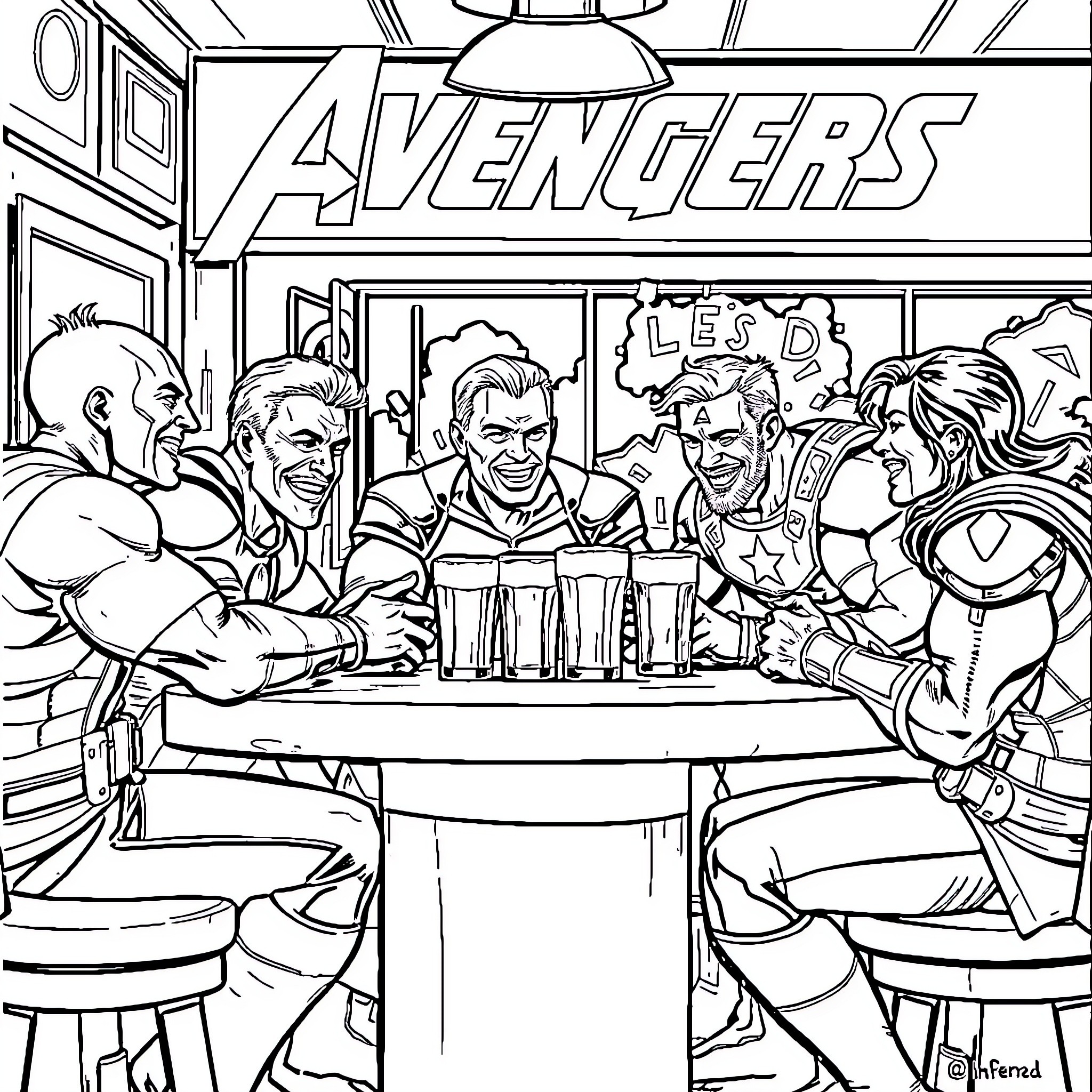 Avengers Enjoying Drinks Together Coloring Page (free black-and-white line drawing printable PDF for all, from beginners to advanced learners, including children, teens, adults, and seniors)