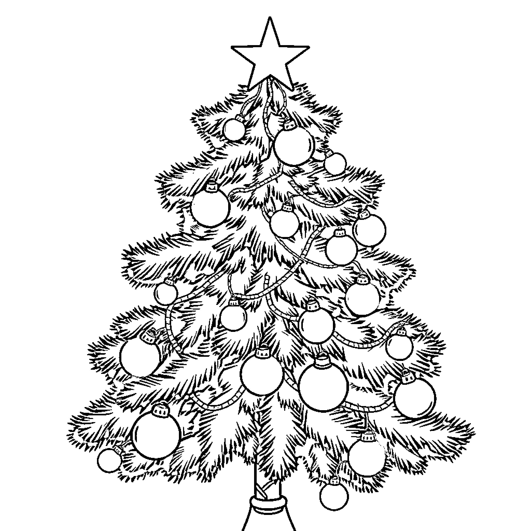 Christmas Tree with Decorative Ornaments Coloring Page (free black-and-white line drawing printable PDF for all, from beginners to advanced learners, including children, teens, adults, and seniors)