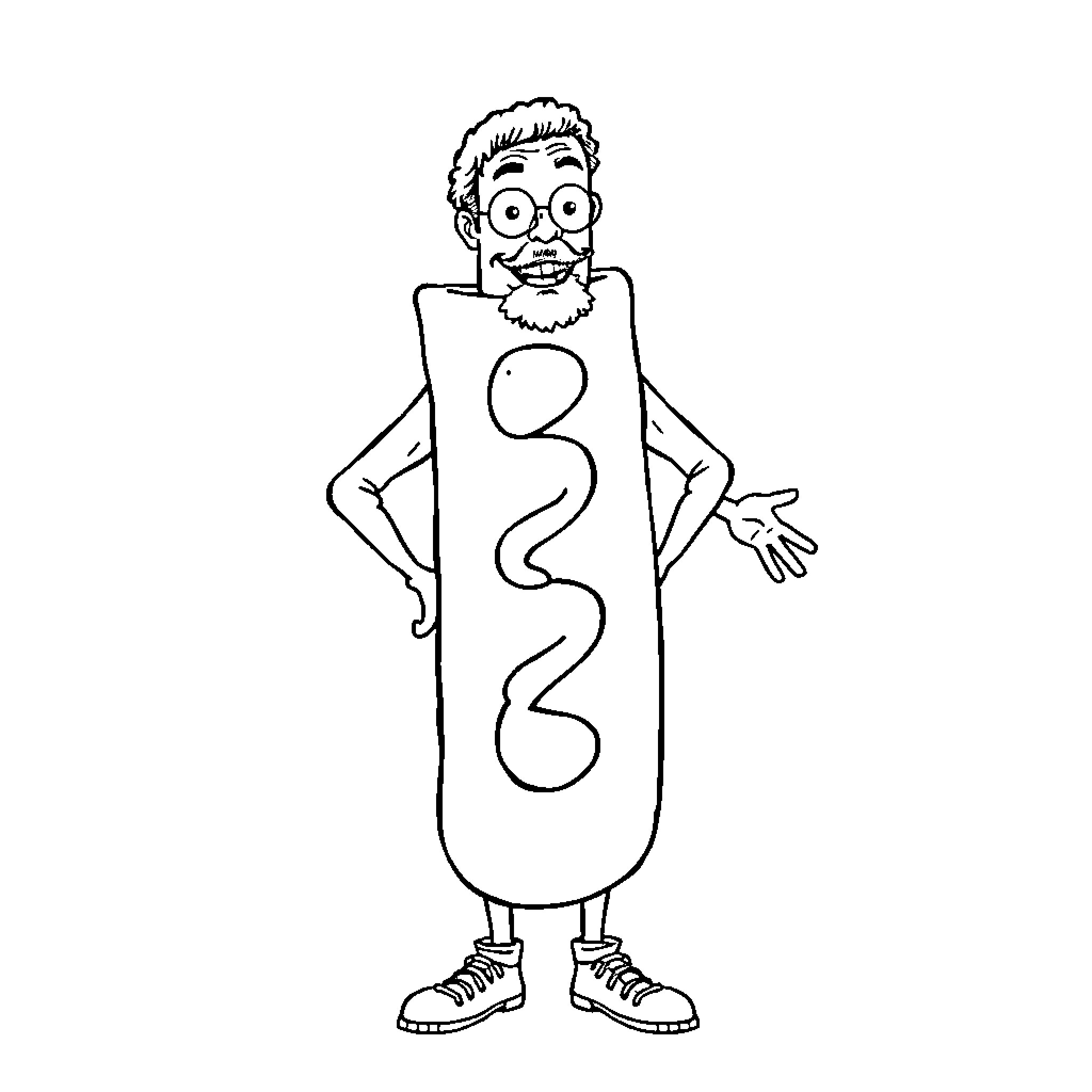 Salami Man dancing with enthusiasm Coloring Page (free black-and-white line drawing printable PDF for all, from beginners to advanced learners, including children, teens, adults, and seniors)
